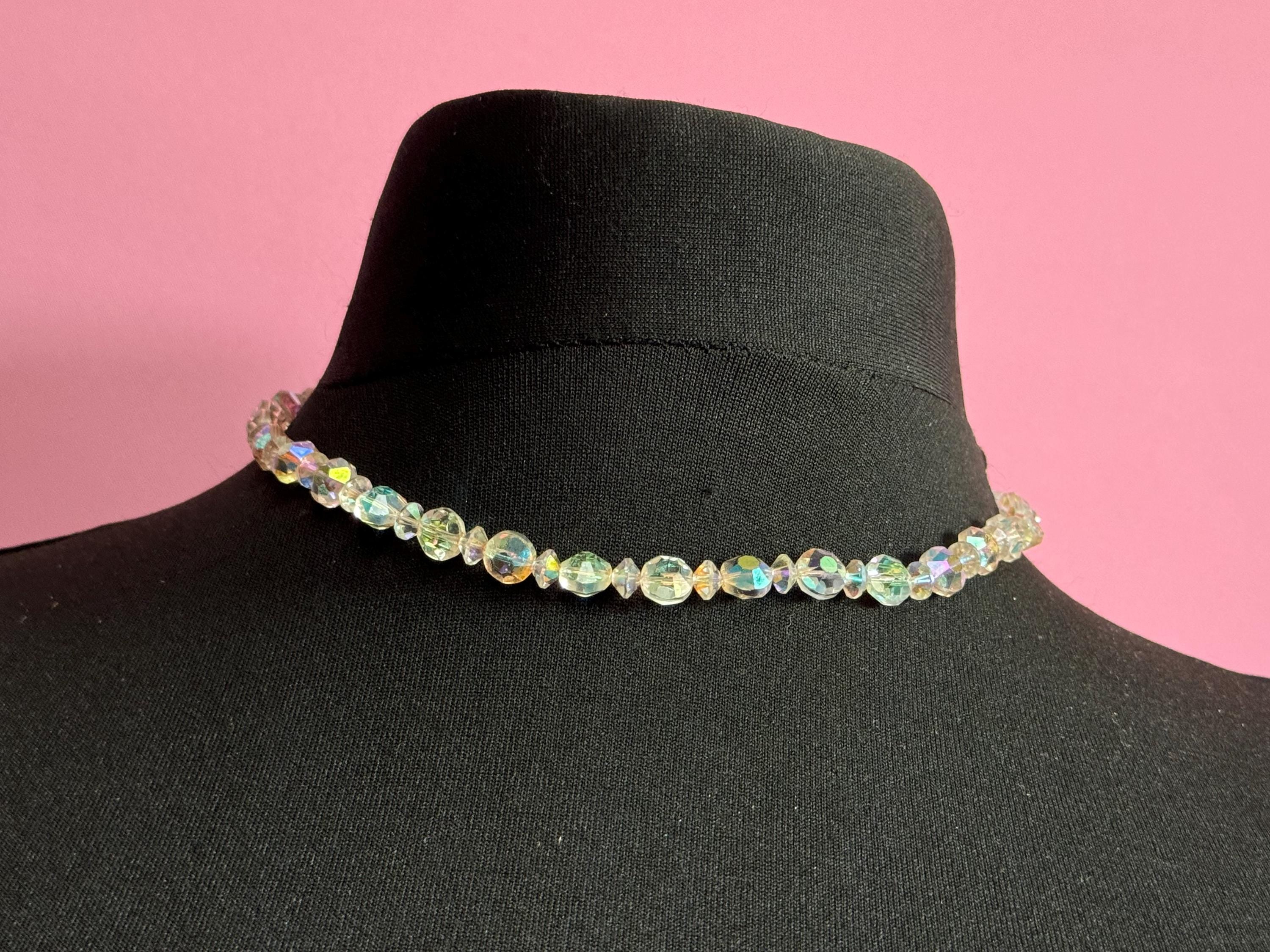 Art Deco clear AB Aurora borealis glass Crystal beaded necklace choker 44cm