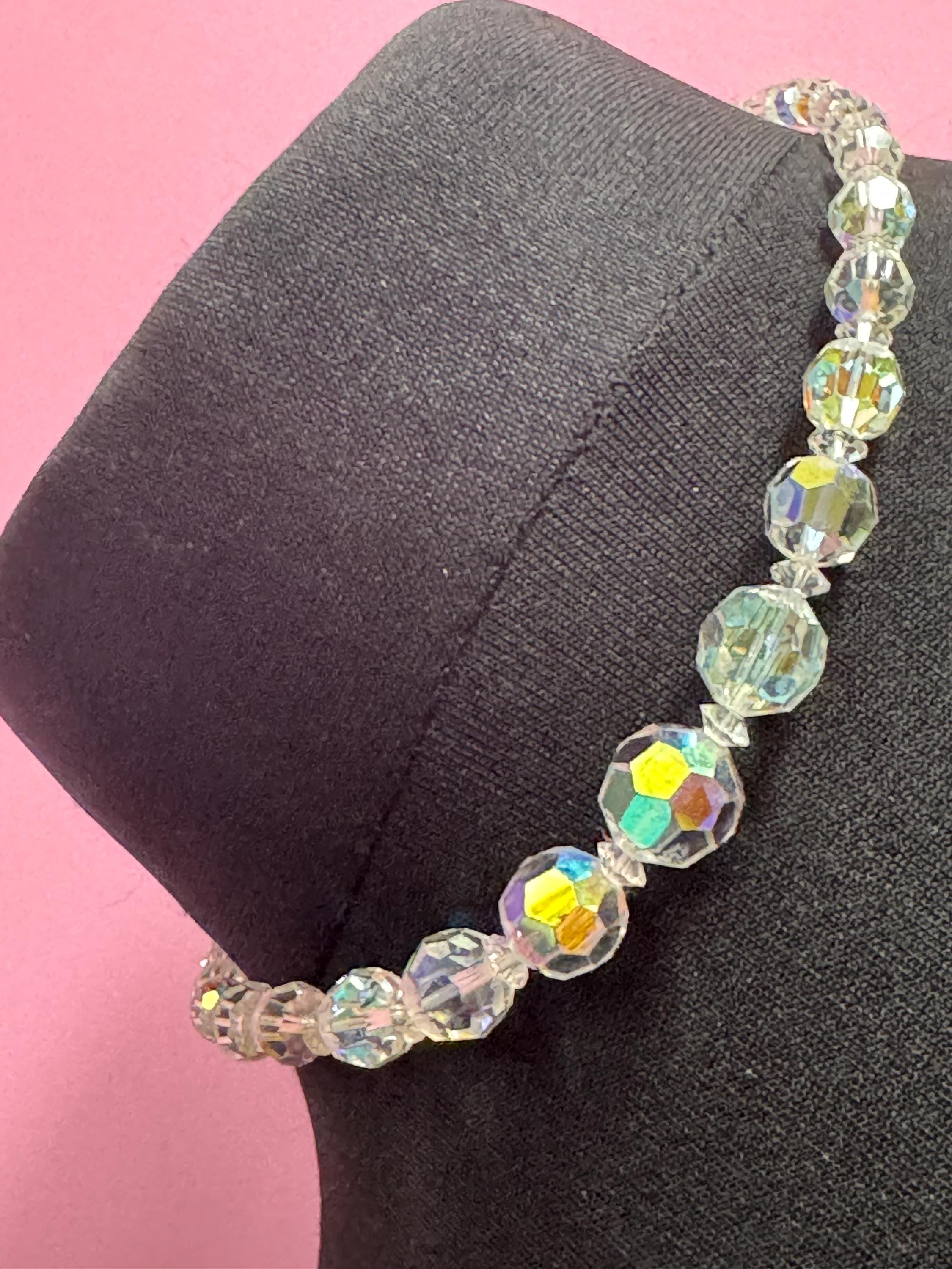 Art Deco clear AB Aurora borealis glass Crystal beaded necklace choker 41cm