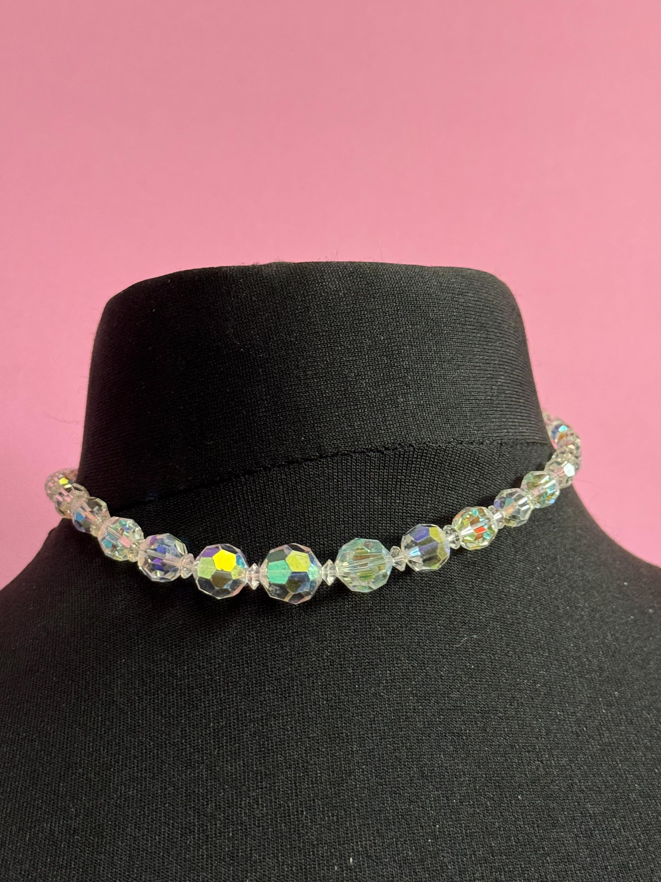 Art Deco clear AB Aurora borealis glass Crystal beaded necklace choker 41cm