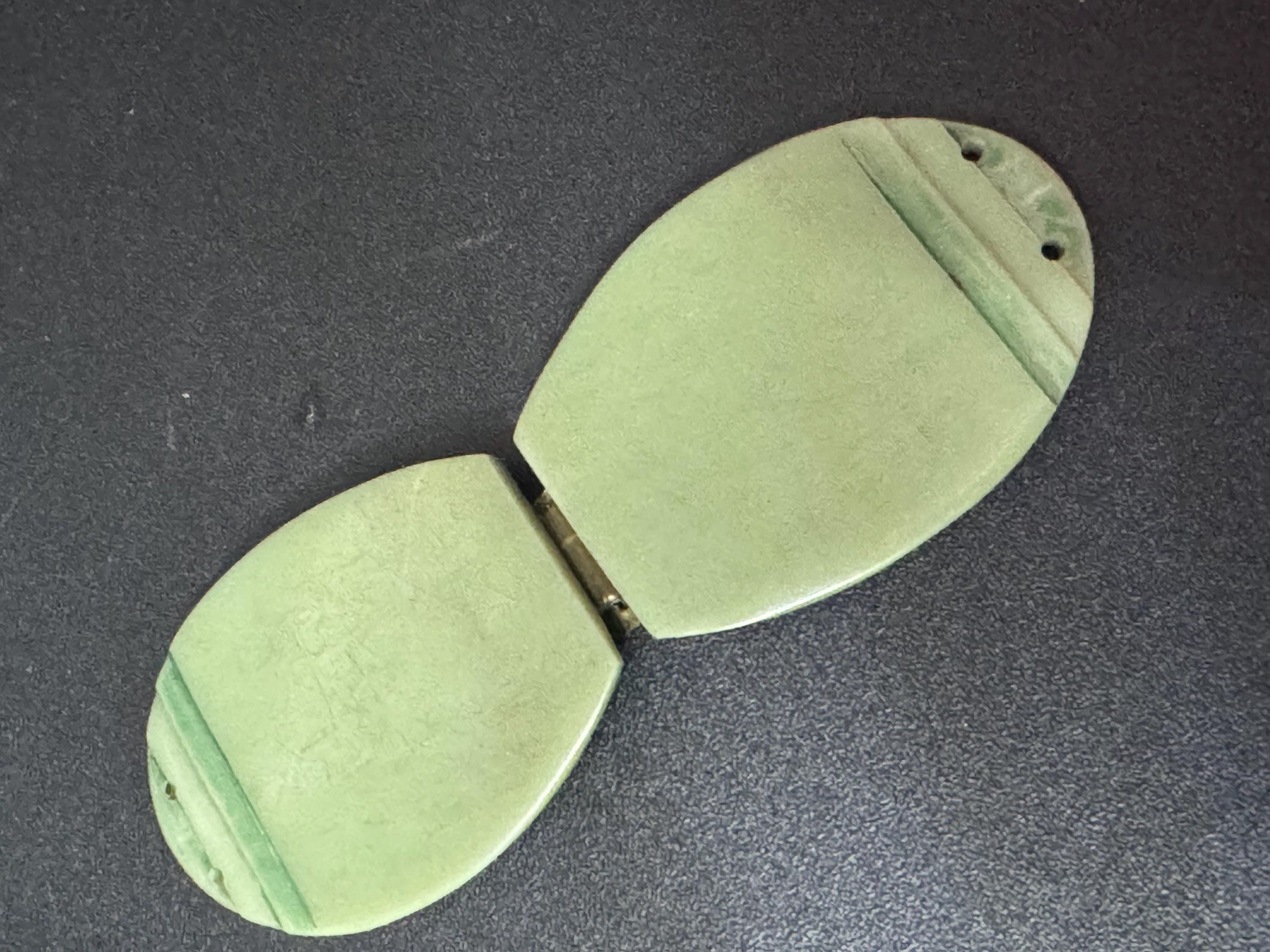sew on Art Deco 2 part green early celluloid plastic belt buckle