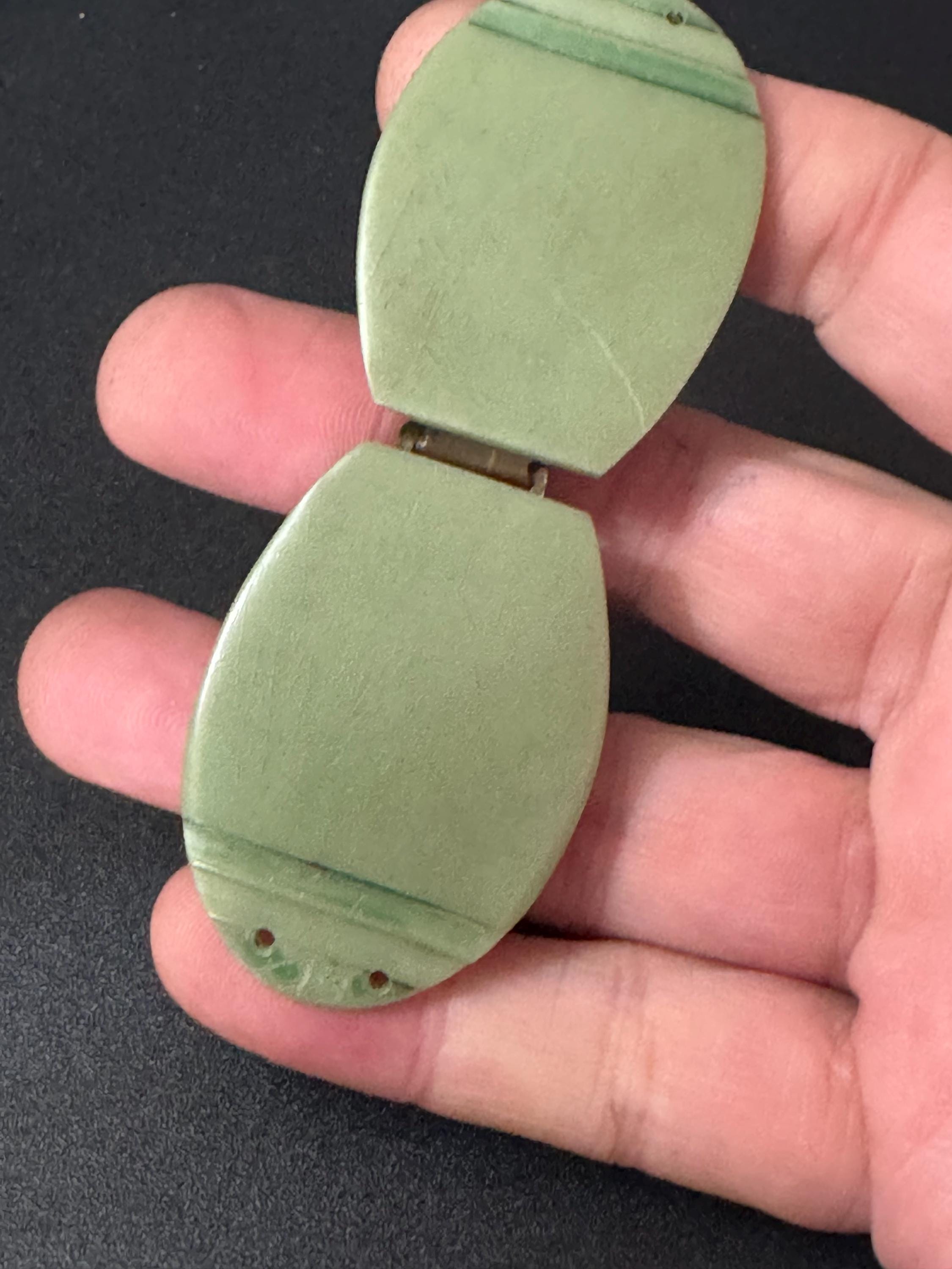 sew on Art Deco 2 part green early celluloid plastic belt buckle