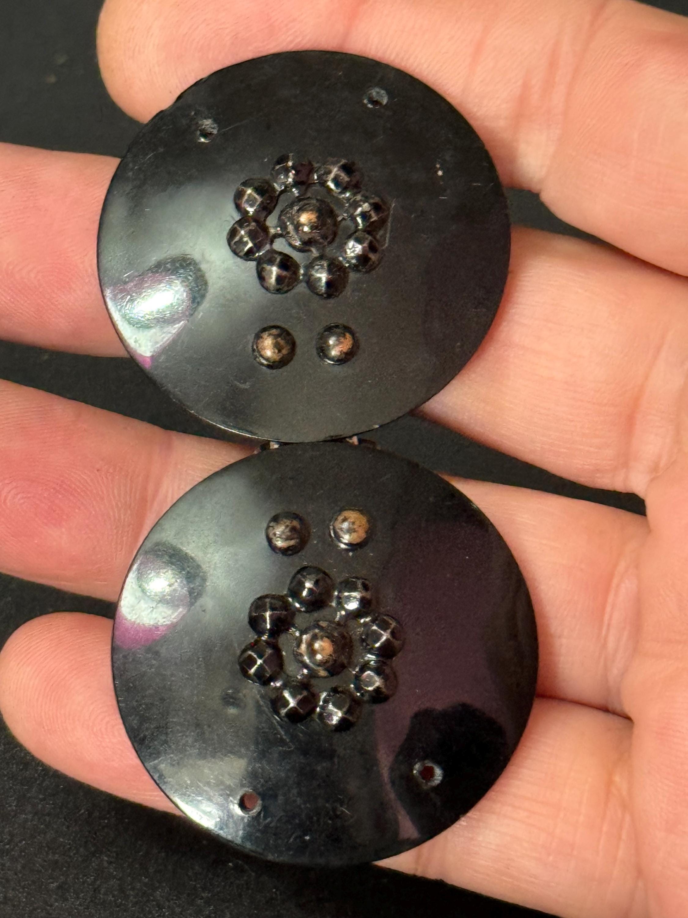 True Art Deco 2 part BLACK early celluloid plastic belt buckle