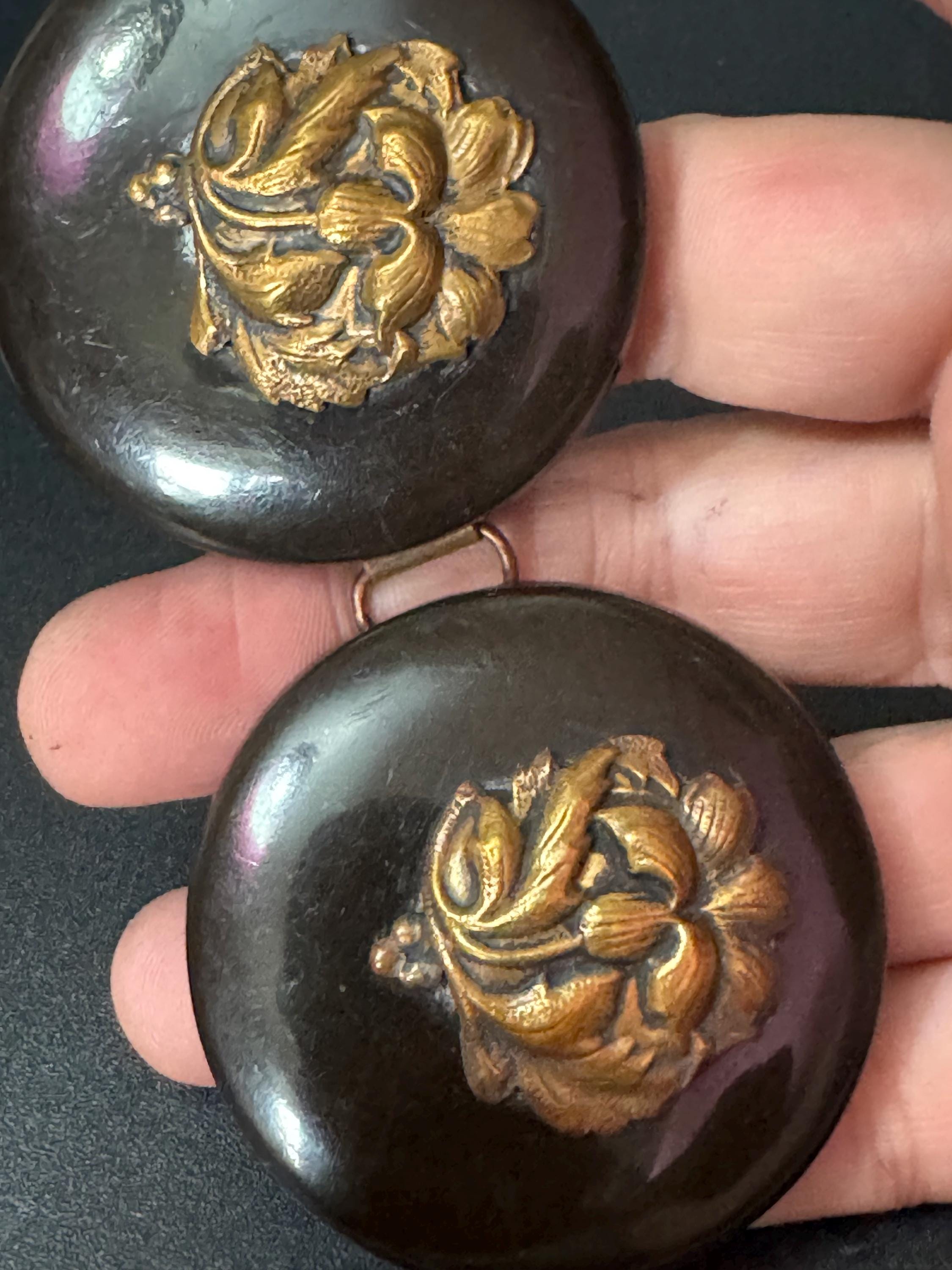 True Art Deco 2 part BLACK gold floral early celluloid plastic belt buckle