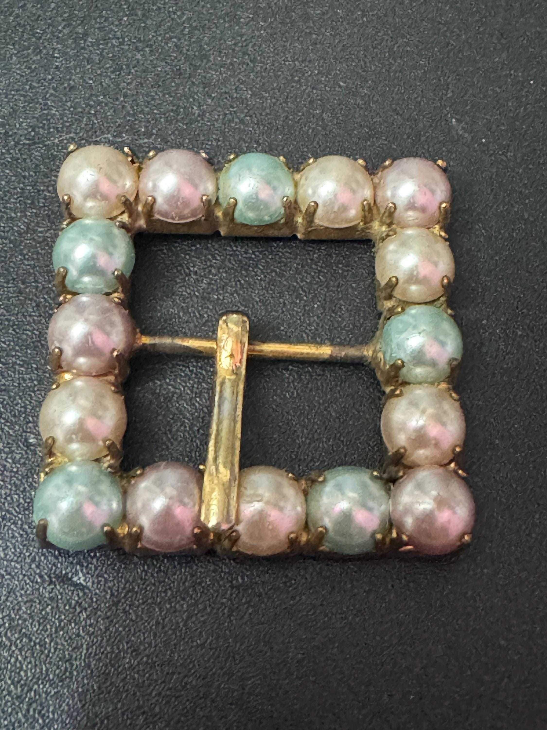 Vintage Claw Set Clear Pink blue cream faux pearl Belt square Buckle