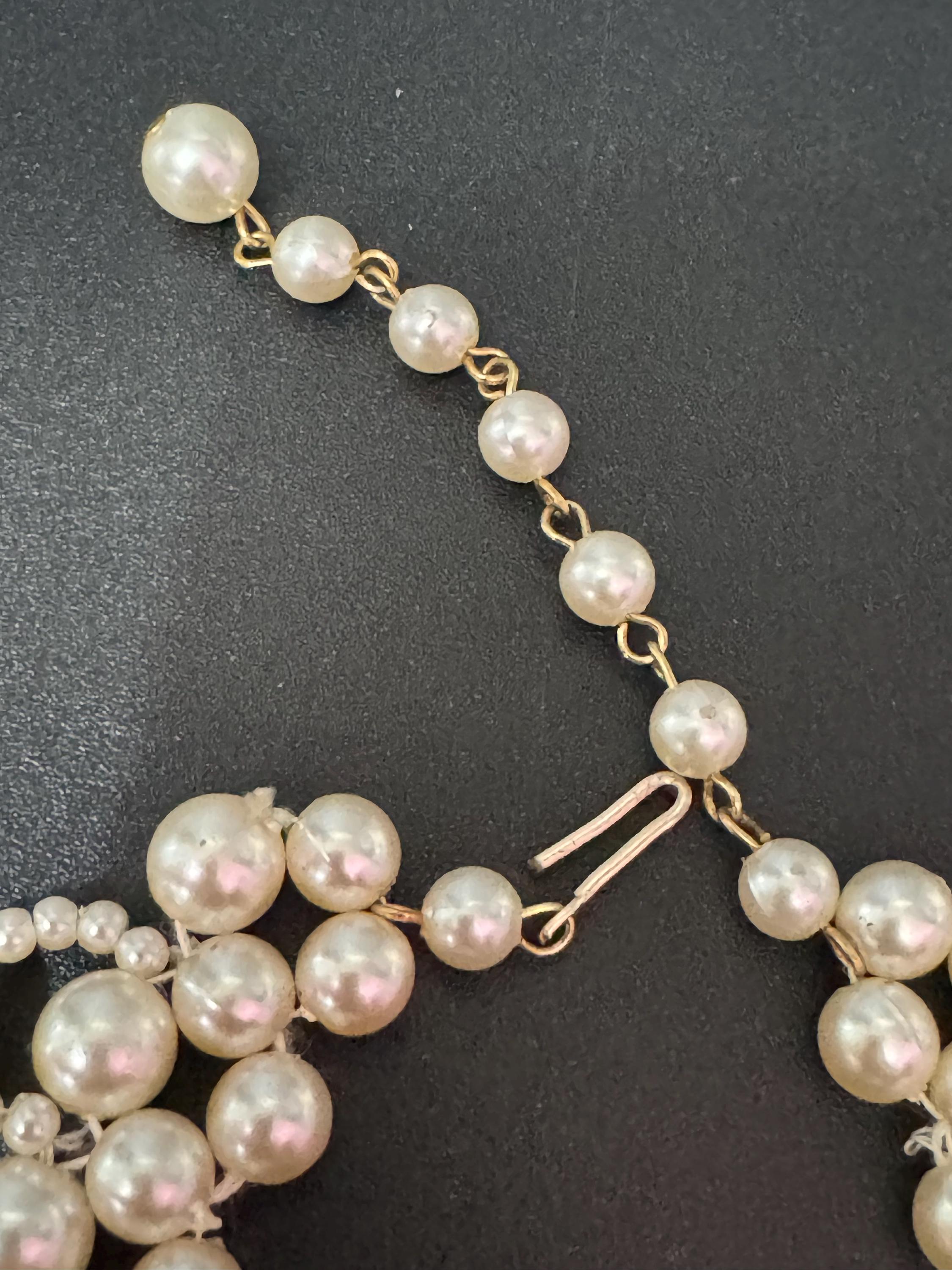 Vintage faux white Plastic round pearl woven multi strand choker collar necklace