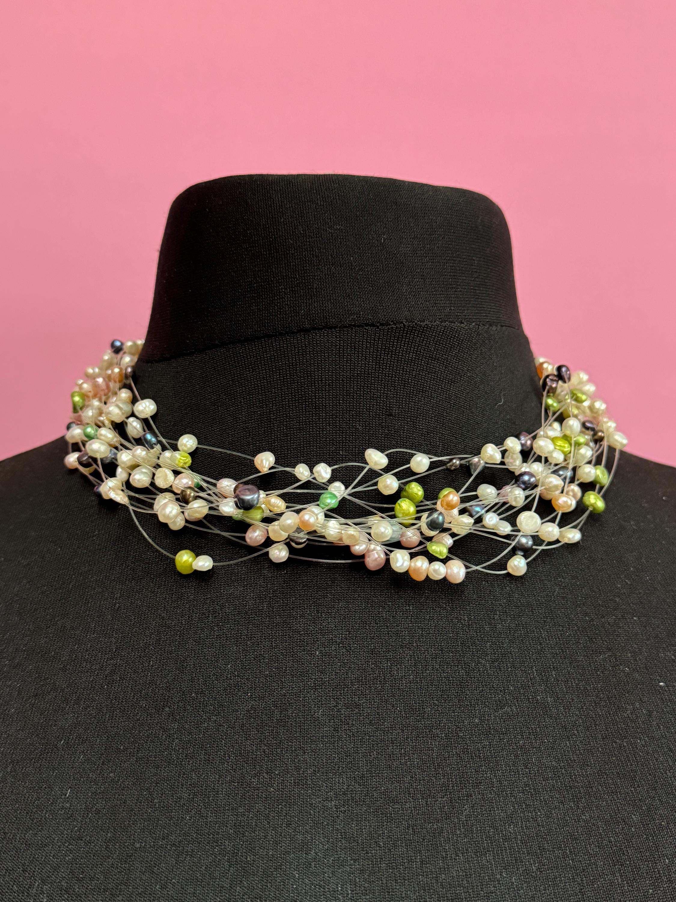 Vintage cream blue green genuine freshwater pearl fine threaded Multistrand bead choker necklace 48cm
