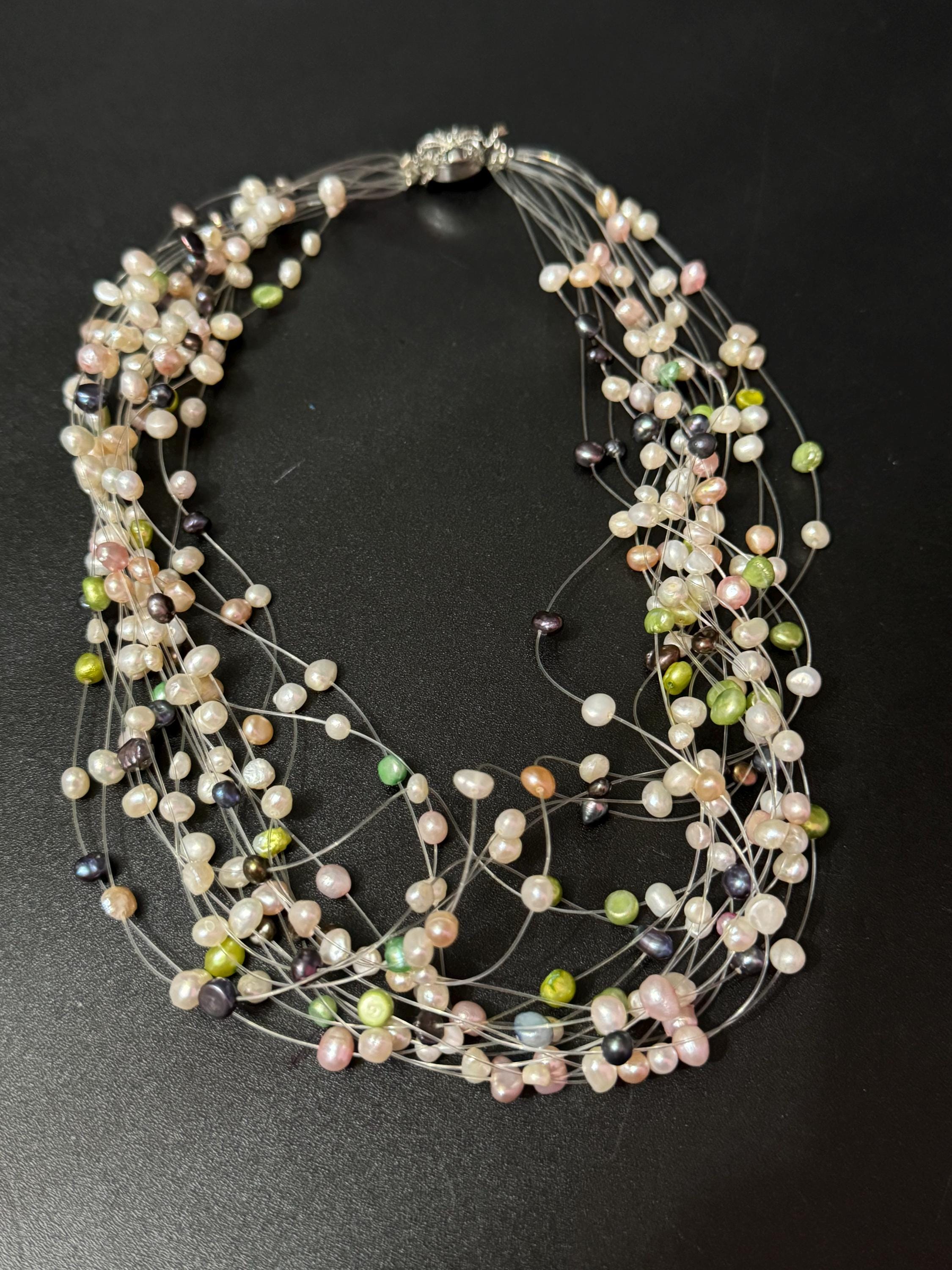 Vintage cream blue green genuine freshwater pearl fine threaded Multistrand bead choker necklace 48cm