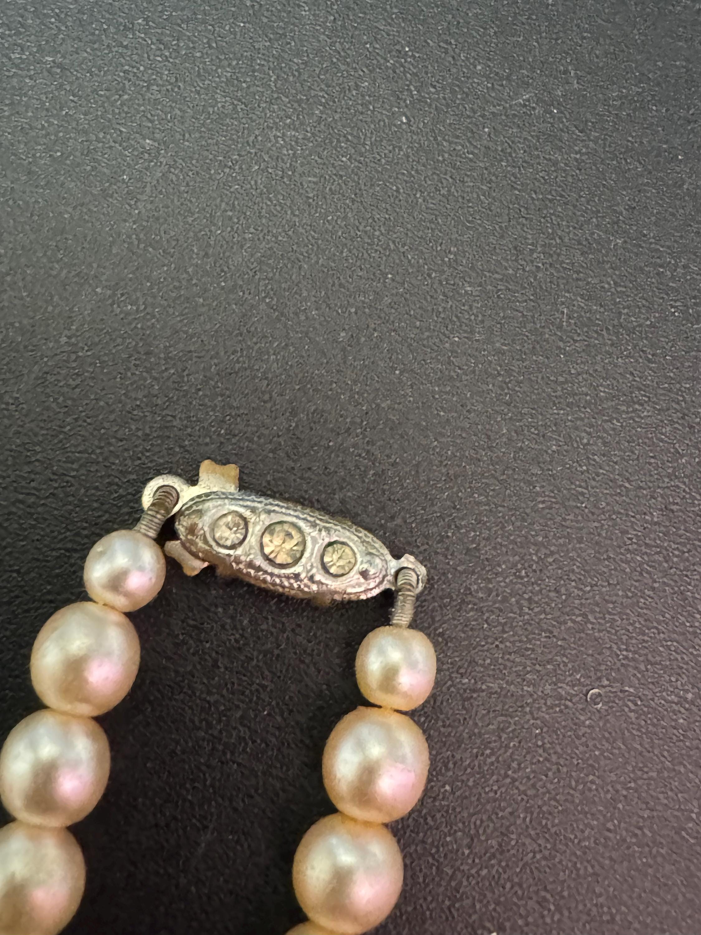 Vintage short cream glass pearl necklace silver tone diamanté clasp 40cm 6mm beads