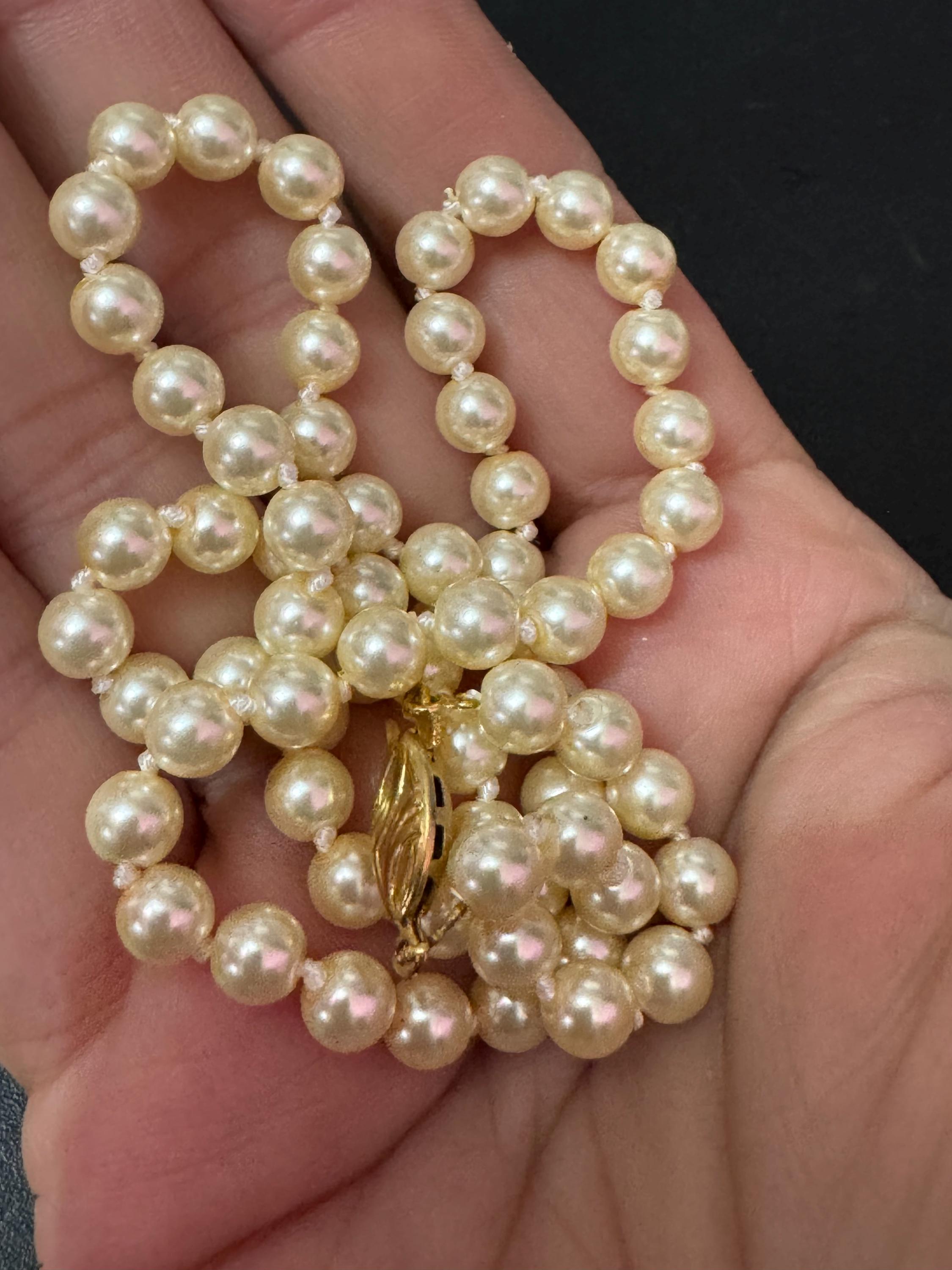 Vintage cream knotted glass pearl necklace gold tone clasp 46cm 6mm beads
