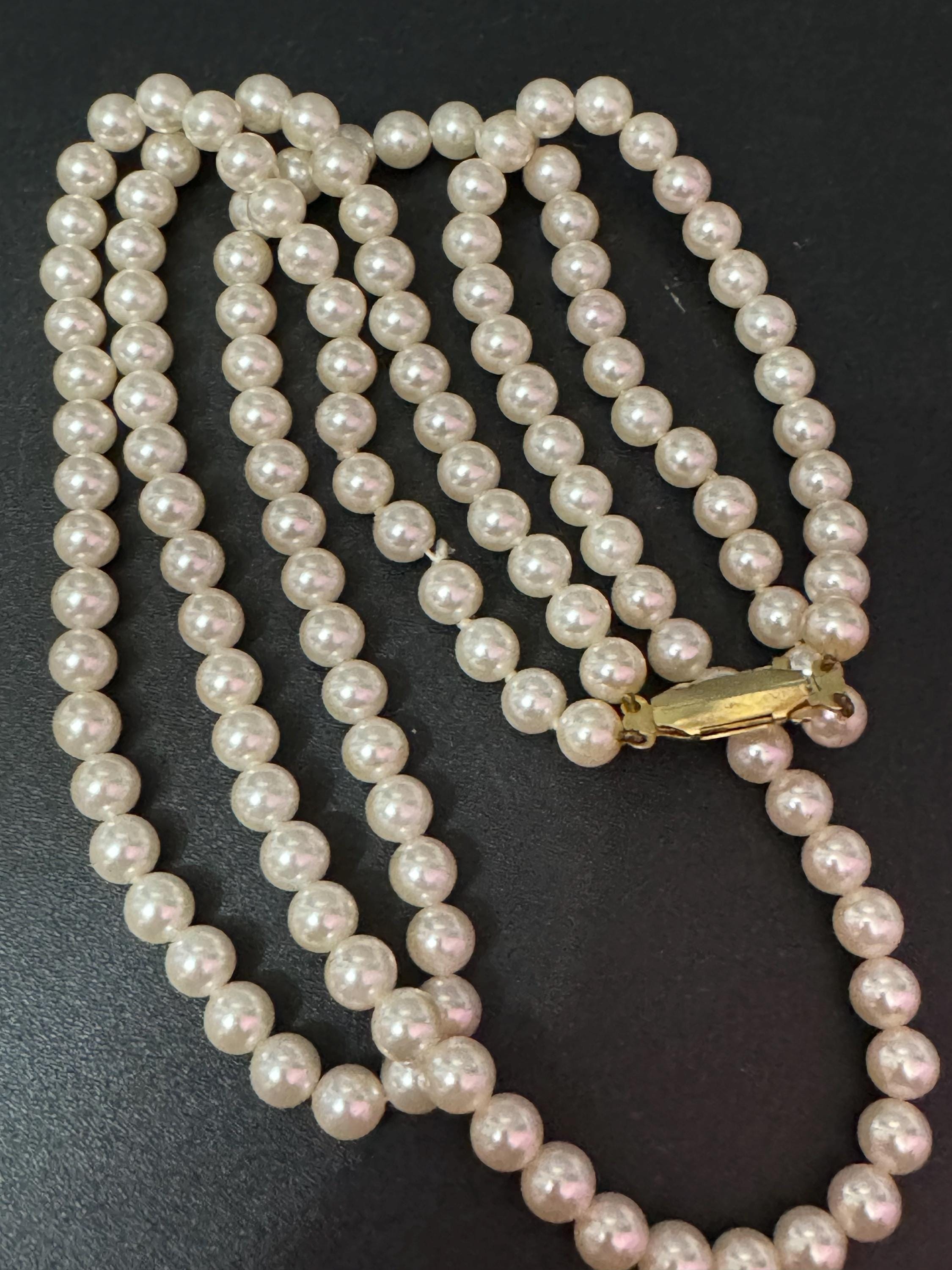 vintage 2 row double strand glass Pearl necklace light cream 44cm gold tone diamanté clasp