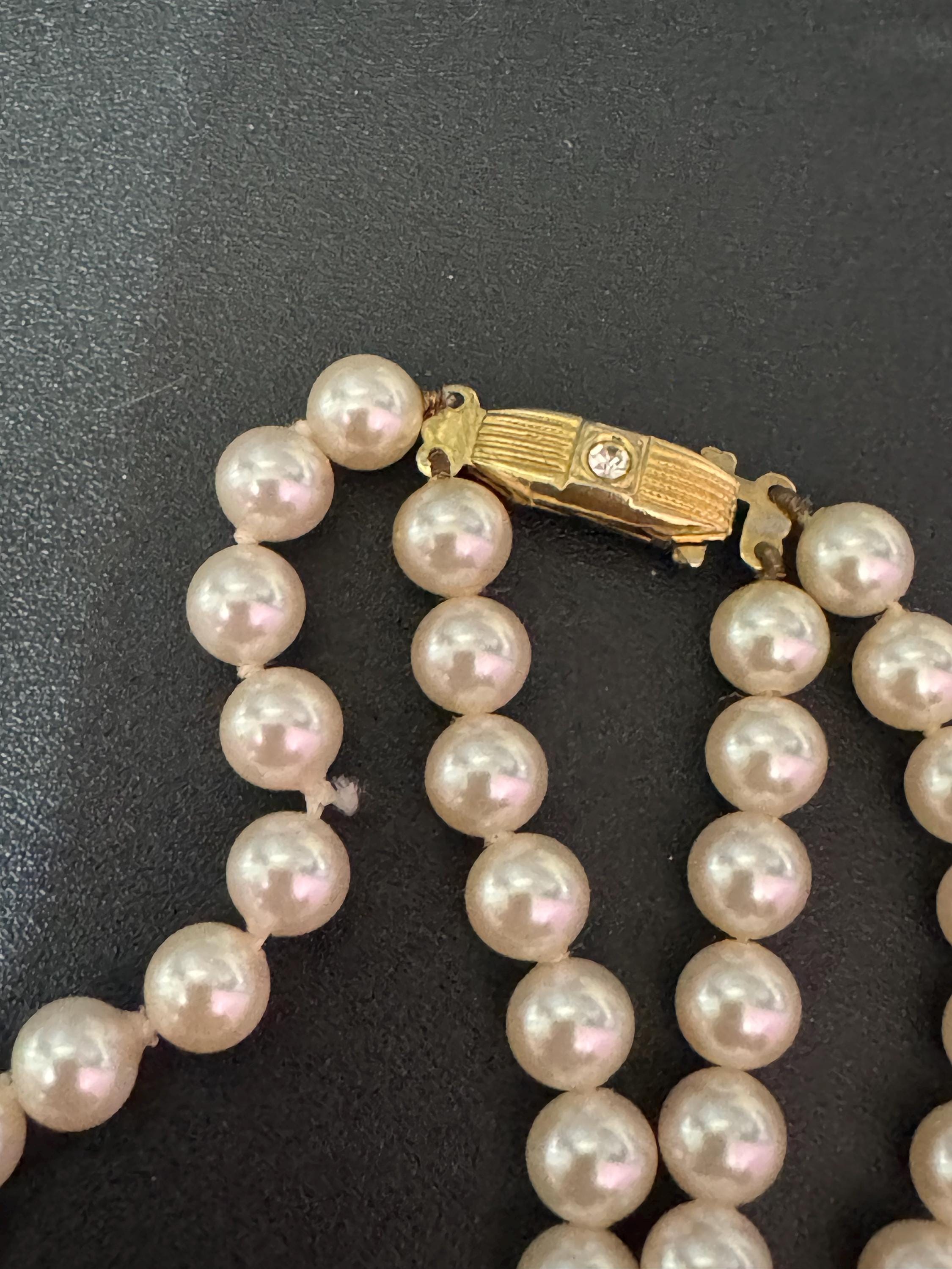 vintage 2 row double strand glass Pearl necklace light cream 44cm gold tone diamanté clasp