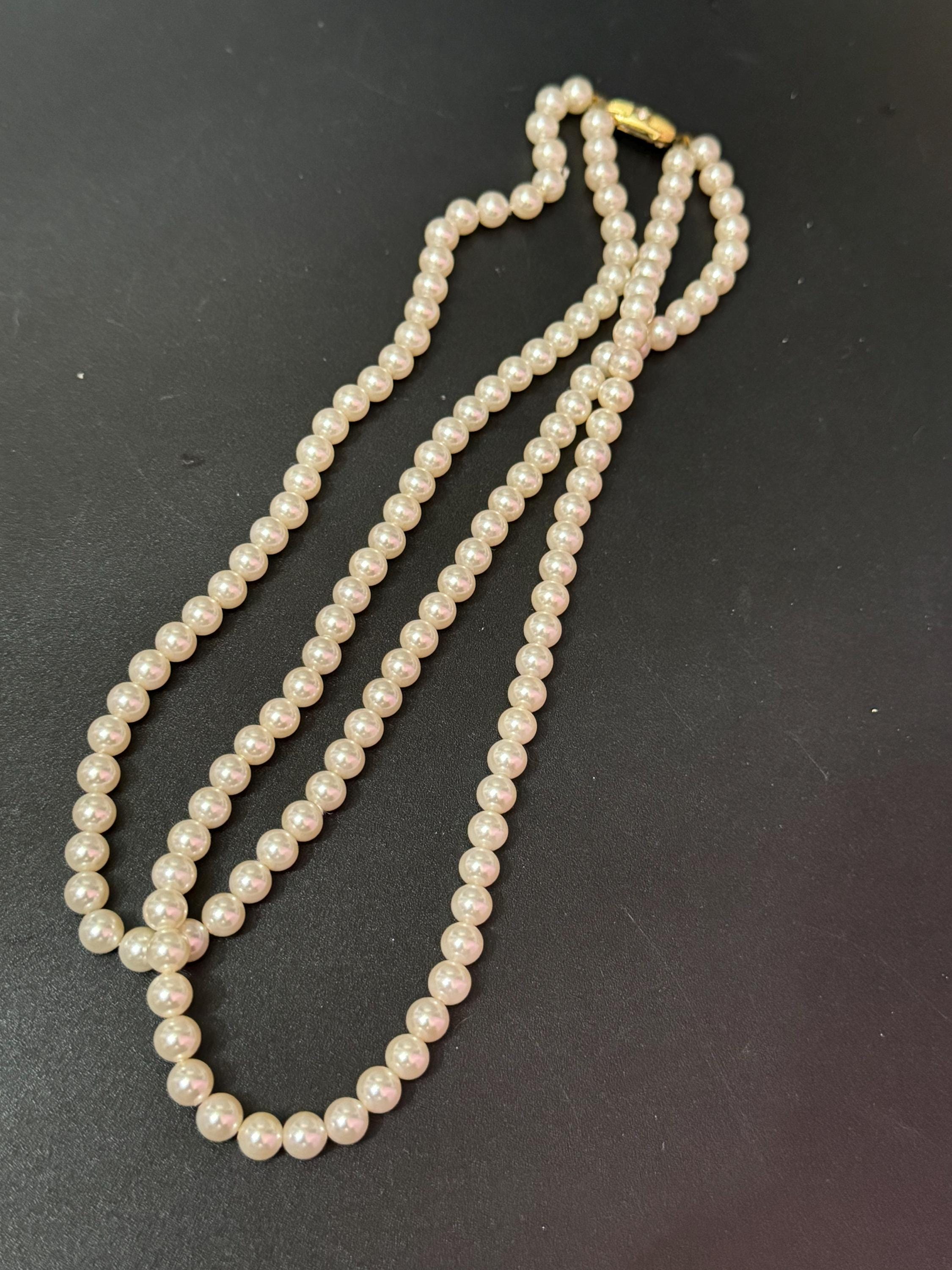 vintage 2 row double strand glass Pearl necklace light cream 44cm gold tone diamanté clasp