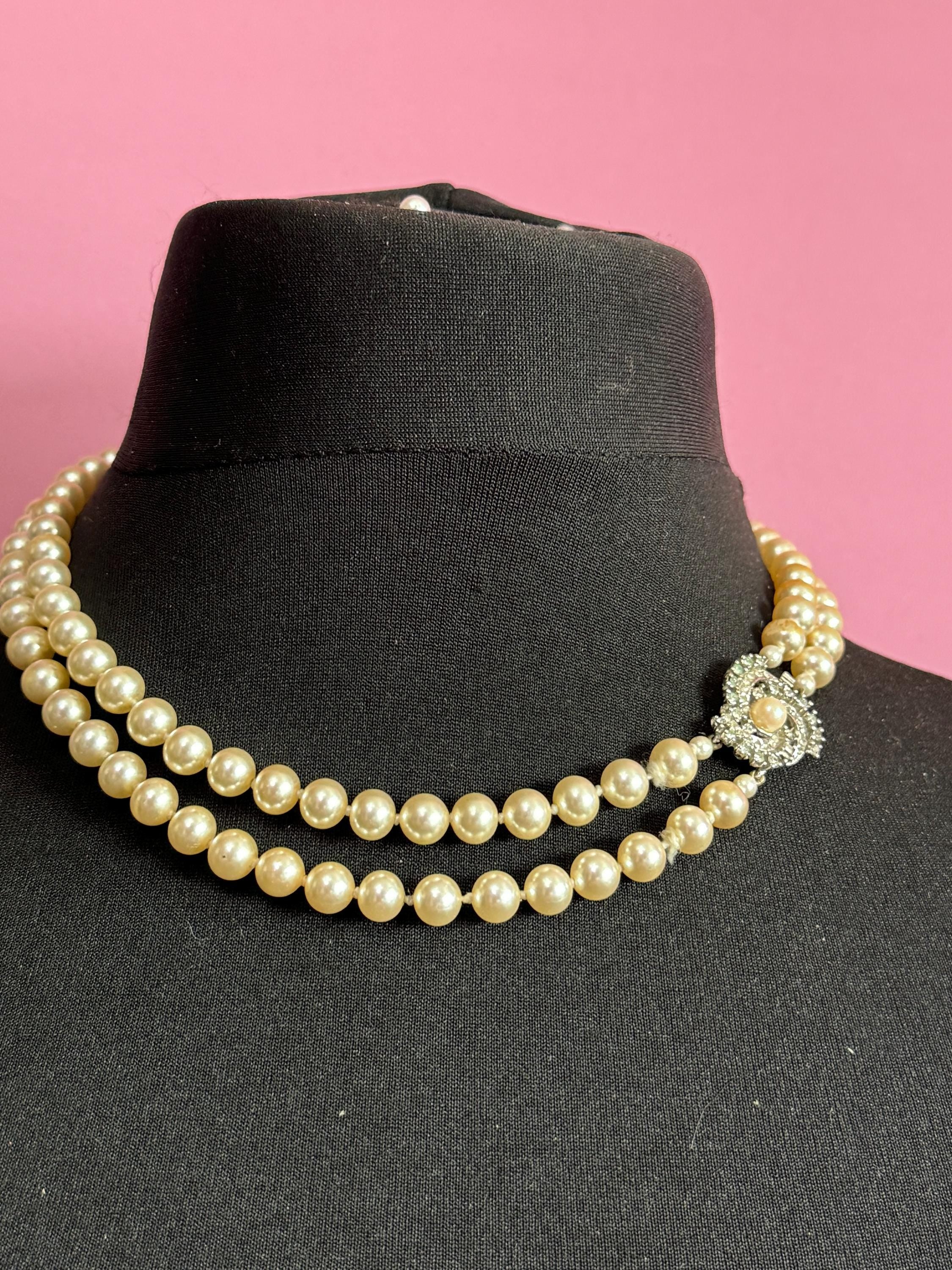 AF vintage 2 row double strand knotted glass Pearl necklace cream 46cm silver tone ornate diamanté clasp