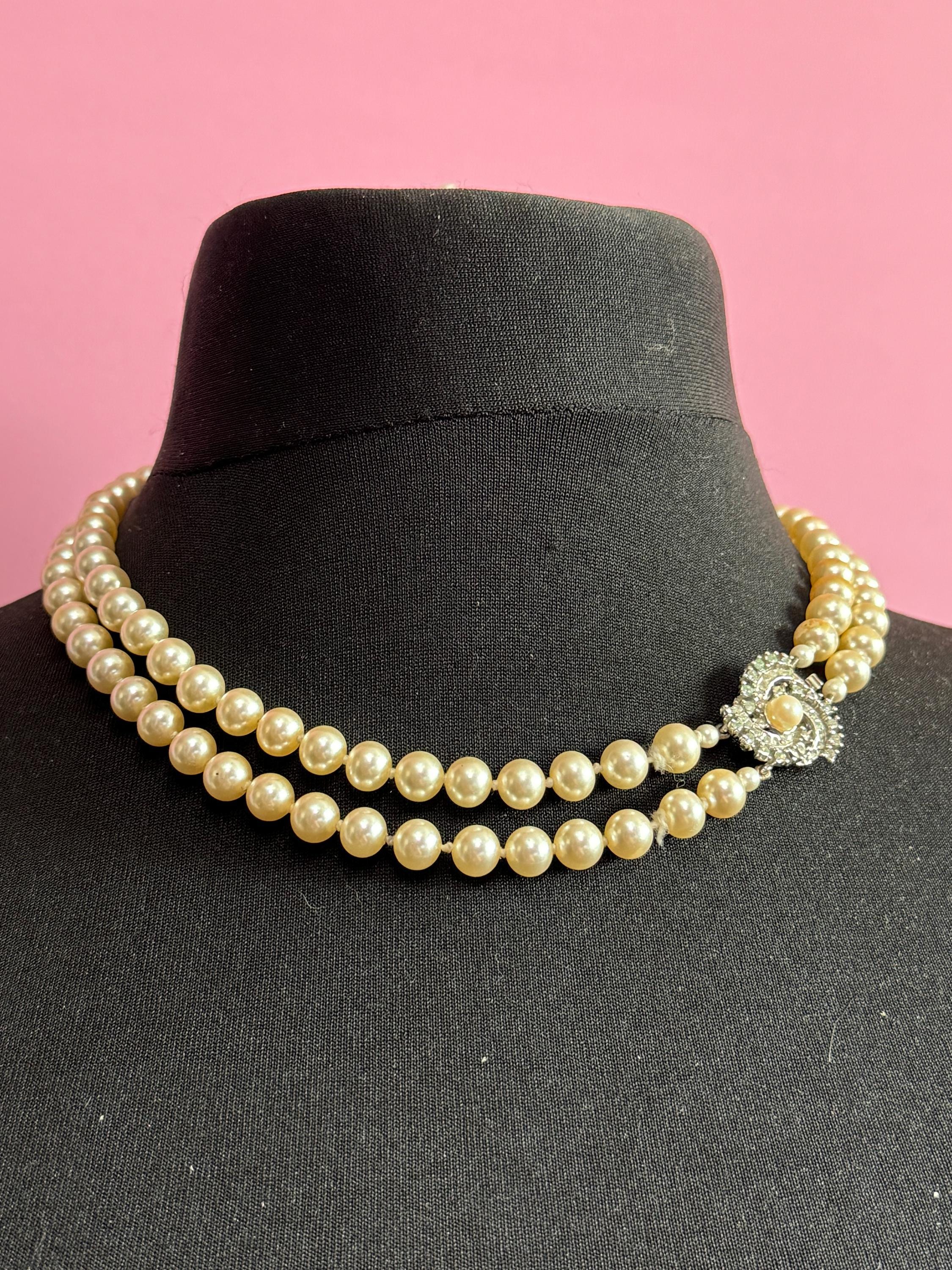 AF vintage 2 row double strand knotted glass Pearl necklace cream 46cm silver tone ornate diamanté clasp