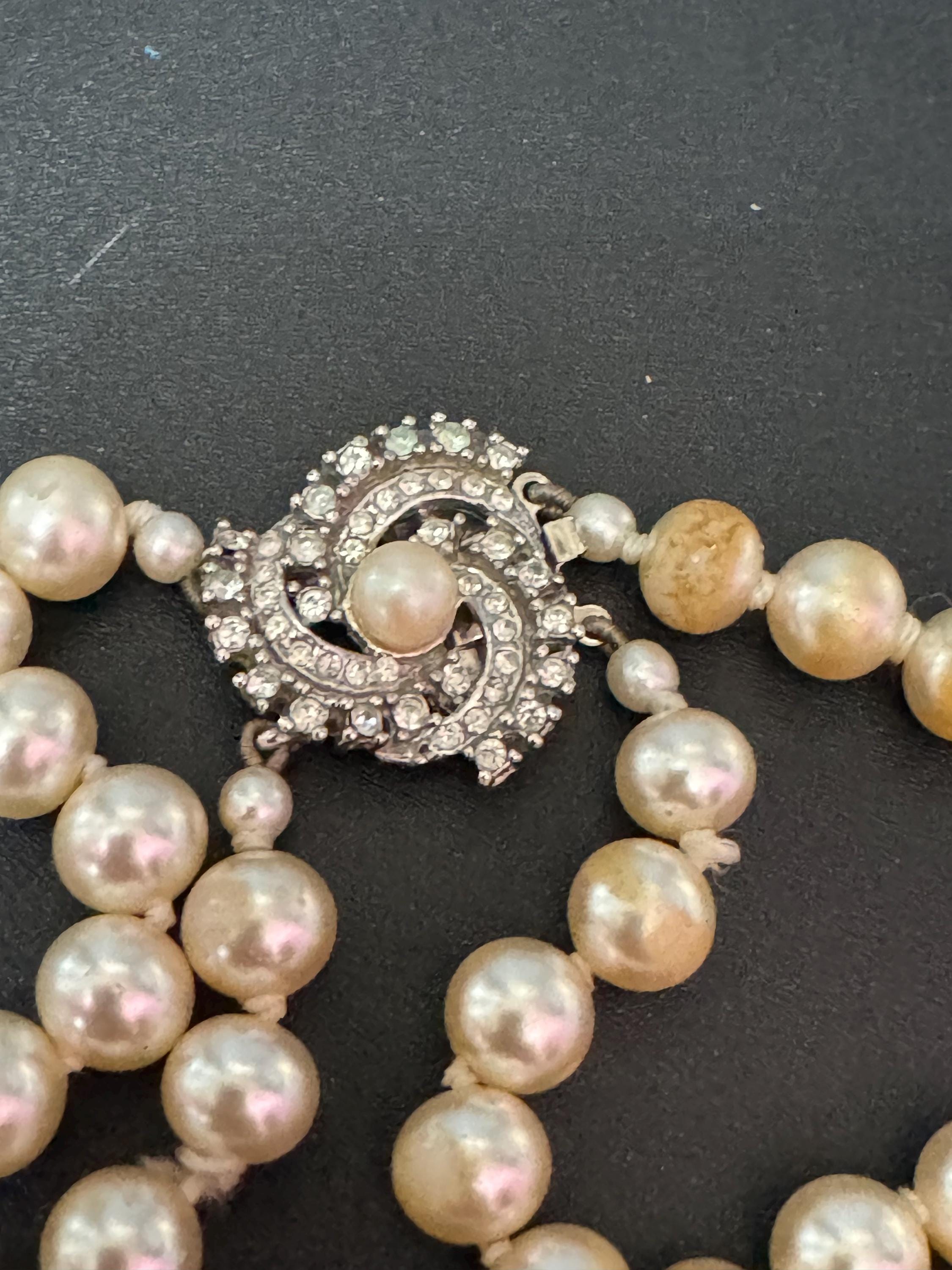AF vintage 2 row double strand knotted glass Pearl necklace cream 46cm silver tone ornate diamanté clasp