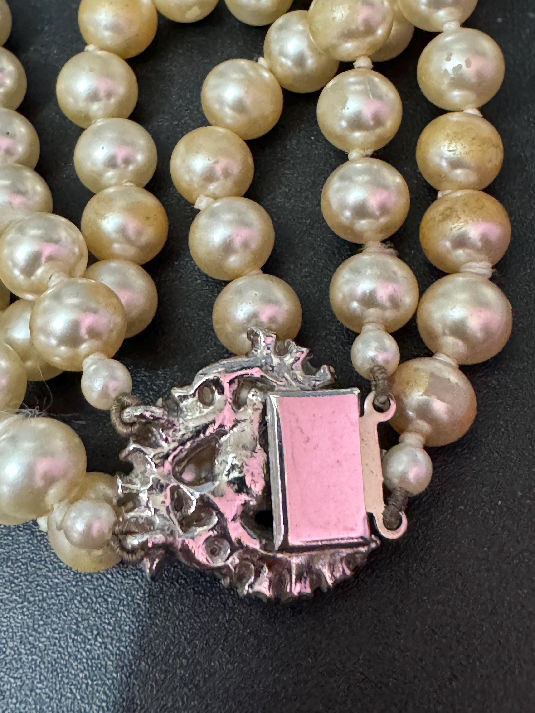 AF vintage 2 row double strand knotted glass Pearl necklace cream 46cm silver tone ornate diamanté clasp