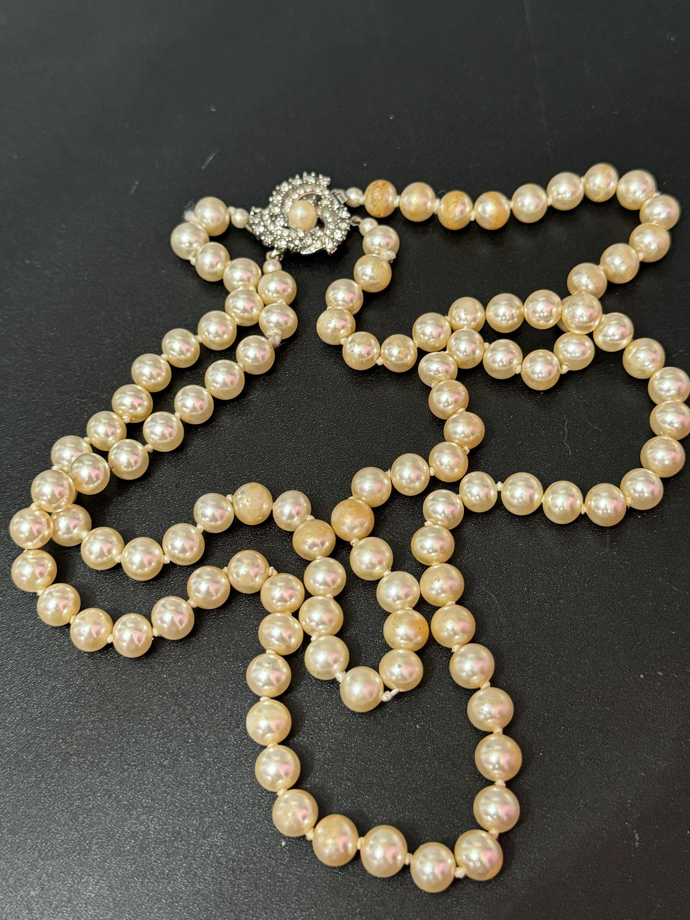 AF vintage 2 row double strand knotted glass Pearl necklace cream 46cm silver tone ornate diamanté clasp