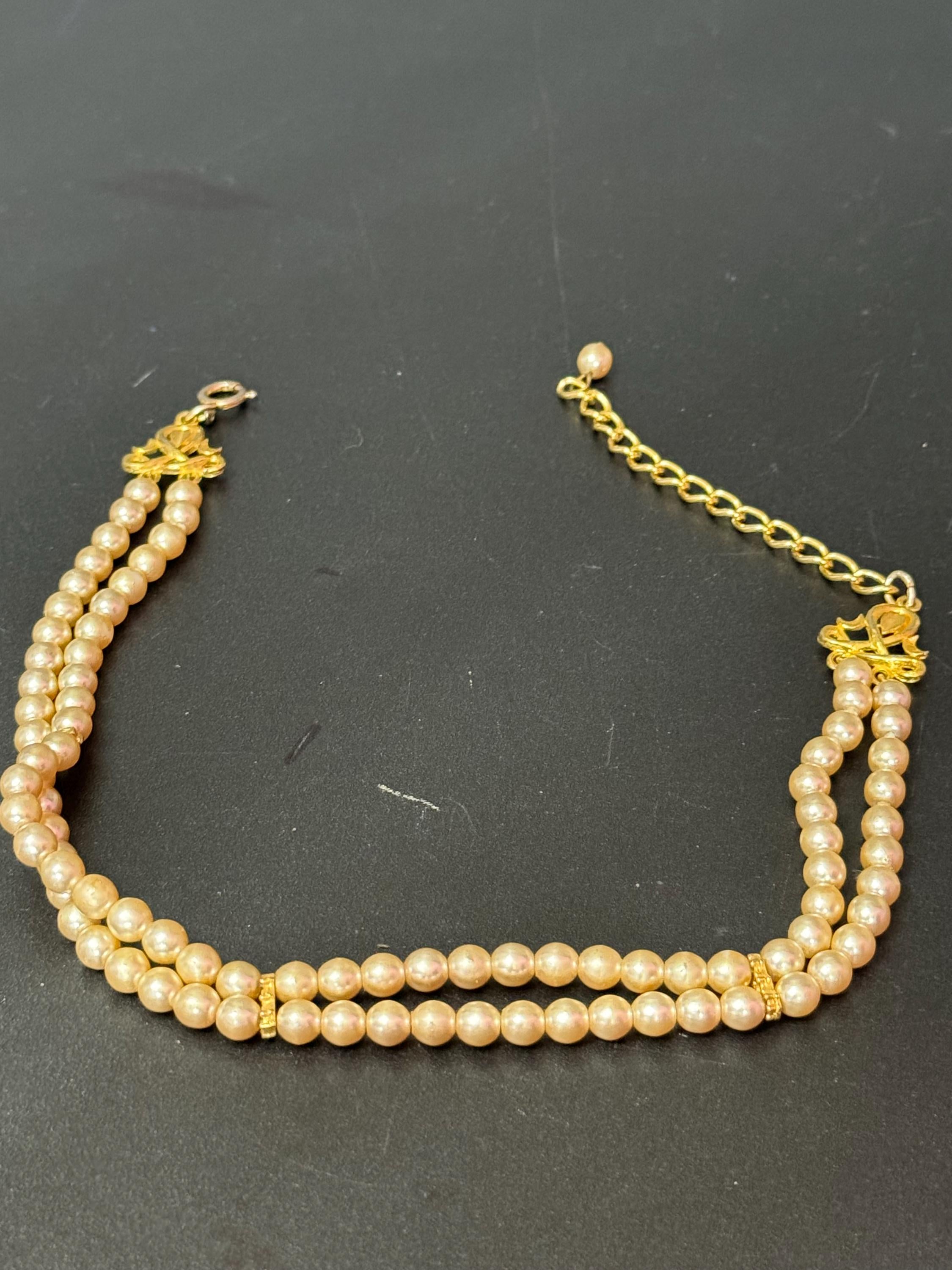 vintage 2 row double strand glass Pearl choker necklace cream 33-41cm gold tone spring ring clasp