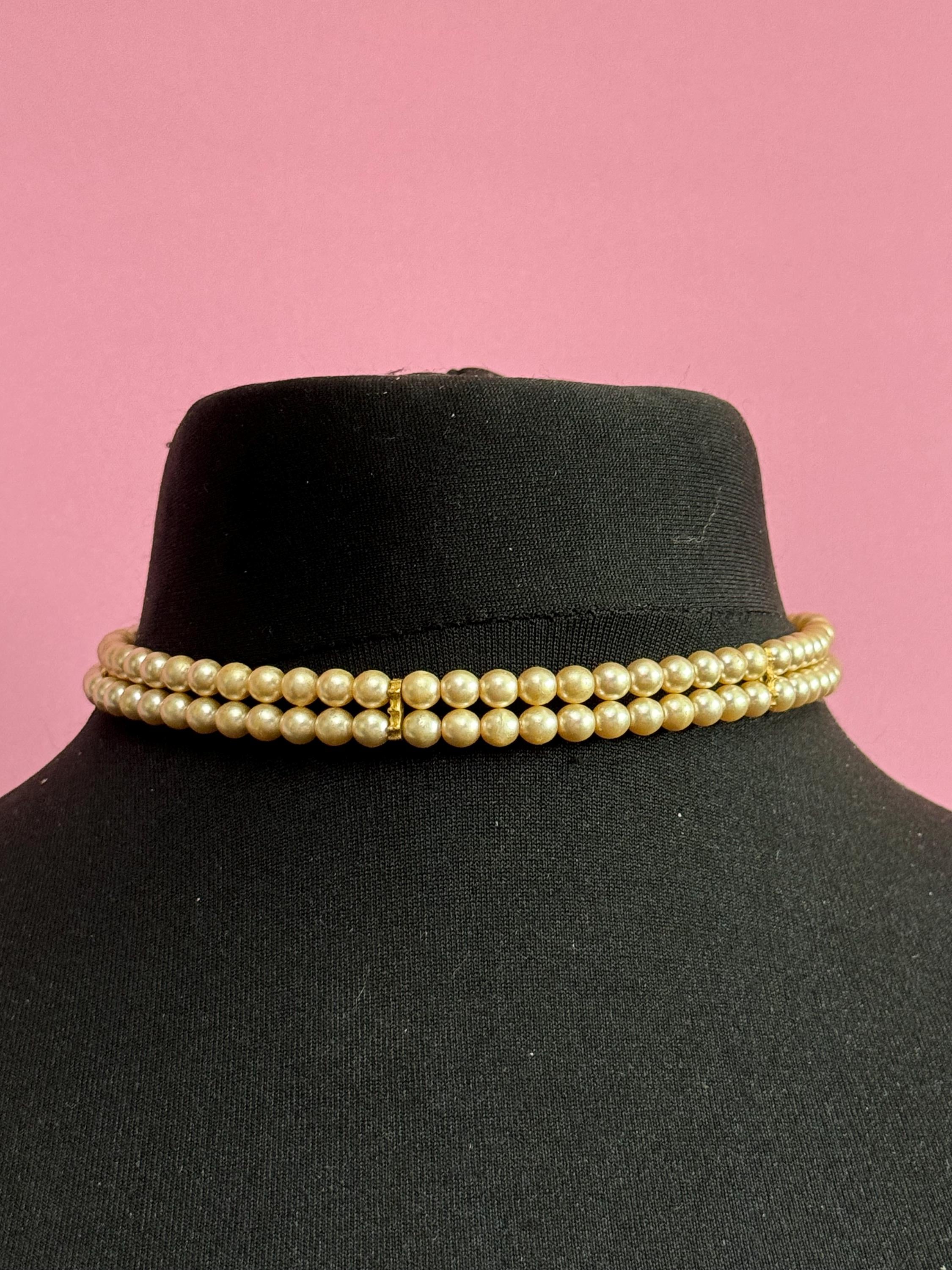 vintage 2 row double strand glass Pearl choker necklace cream 33-41cm gold tone spring ring clasp