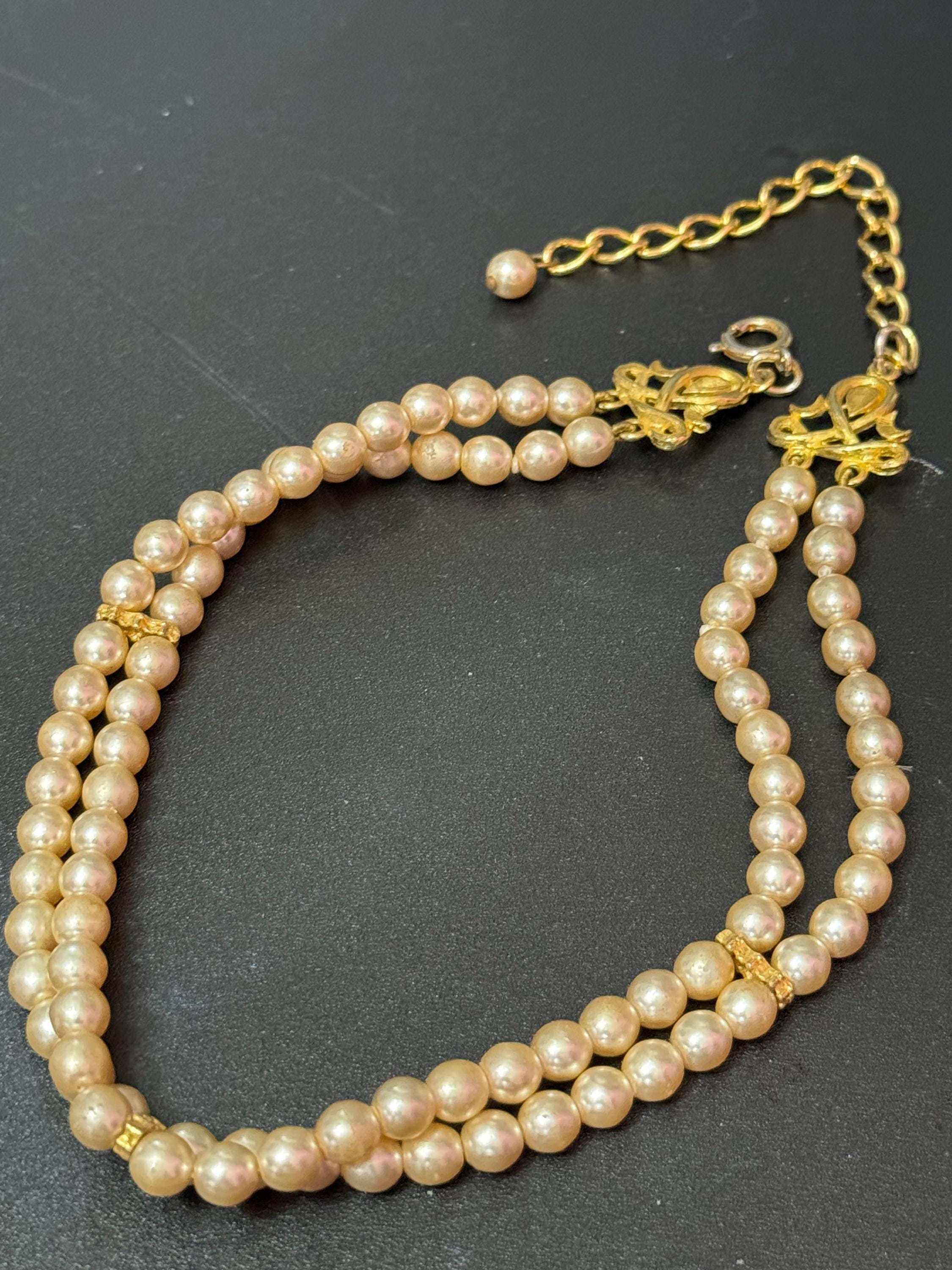 vintage 2 row double strand glass Pearl choker necklace cream 33-41cm gold tone spring ring clasp