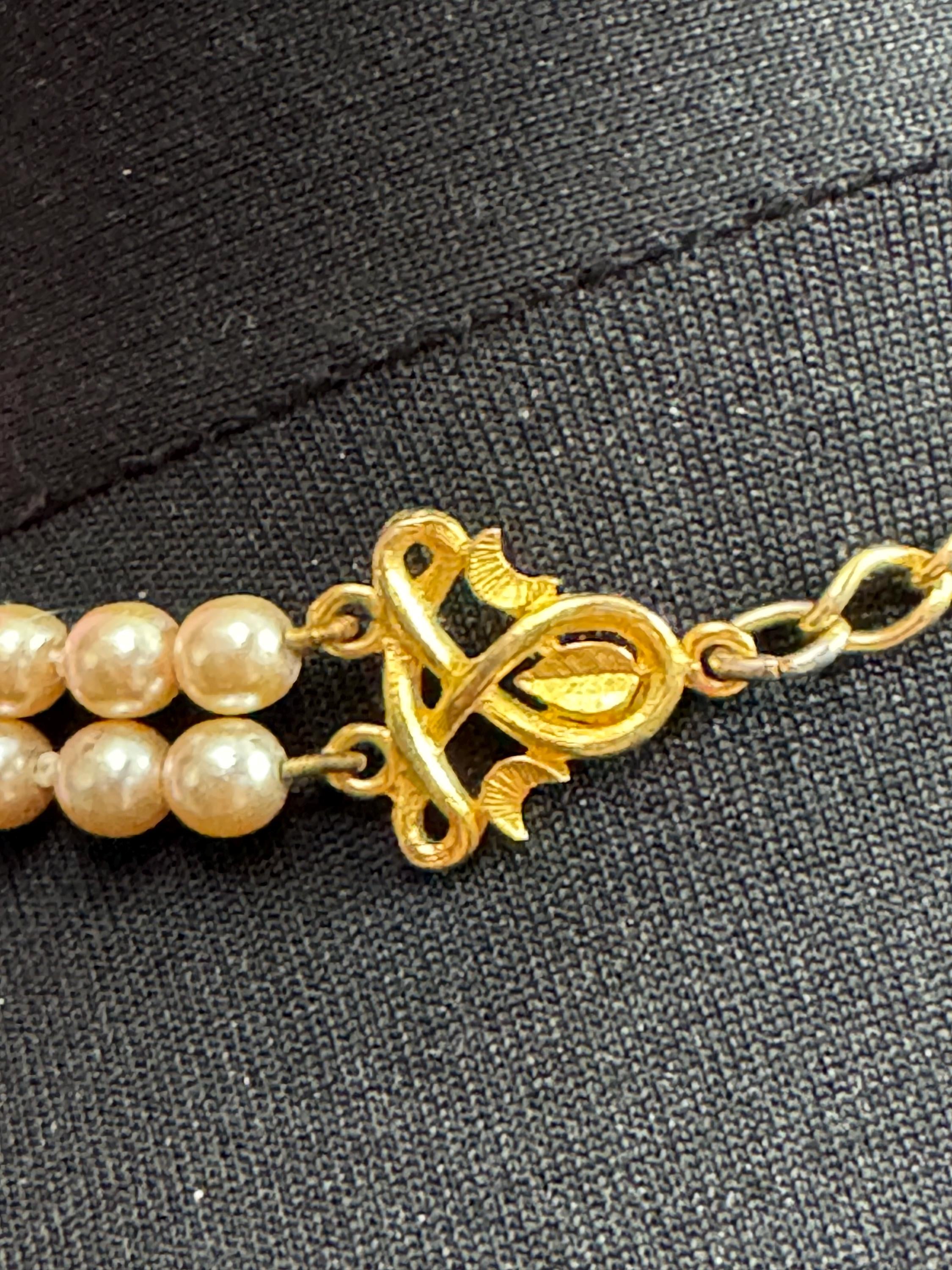 vintage 2 row double strand glass Pearl choker necklace cream 33-41cm gold tone spring ring clasp