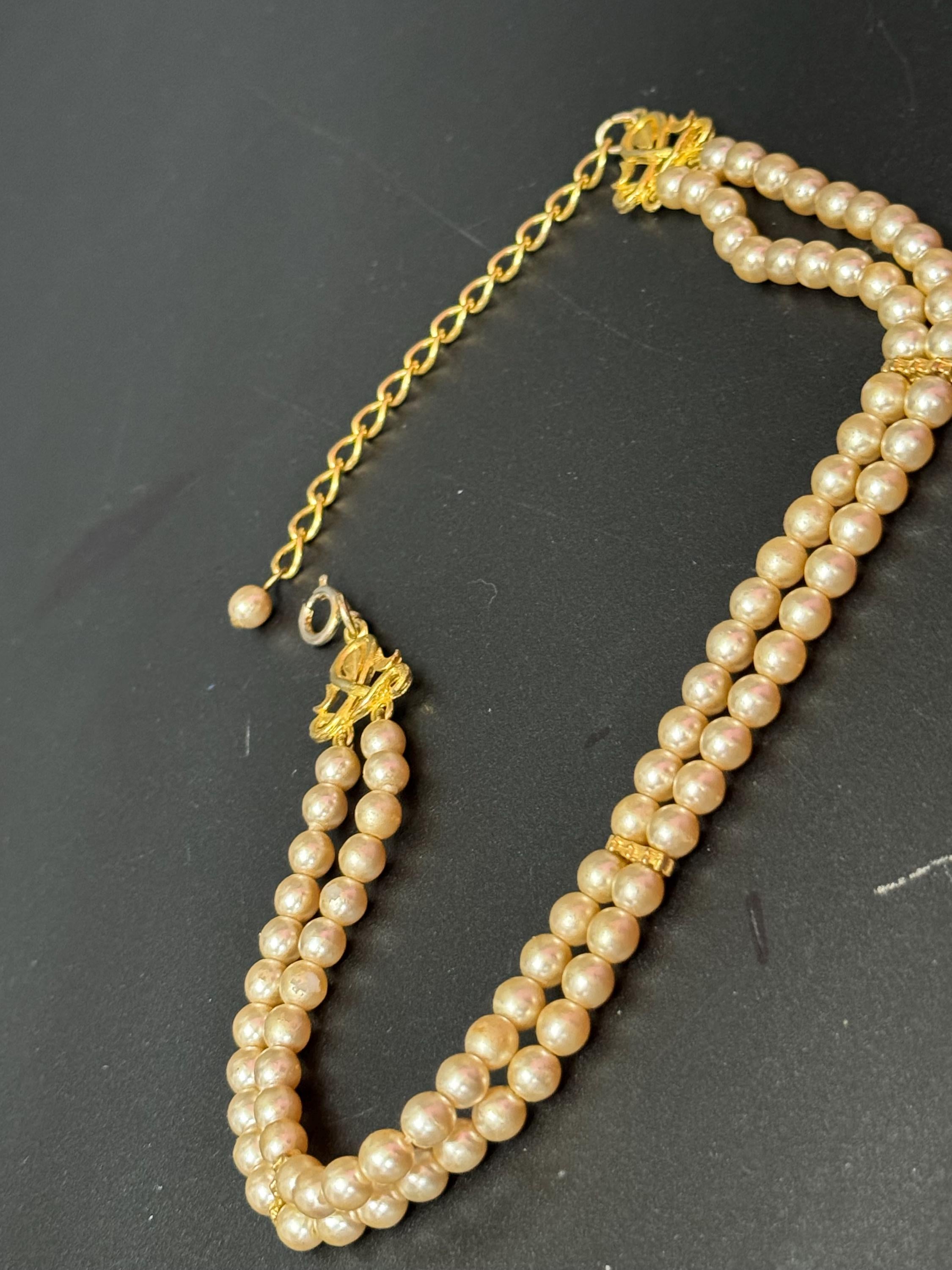 vintage 2 row double strand glass Pearl choker necklace cream 33-41cm gold tone spring ring clasp