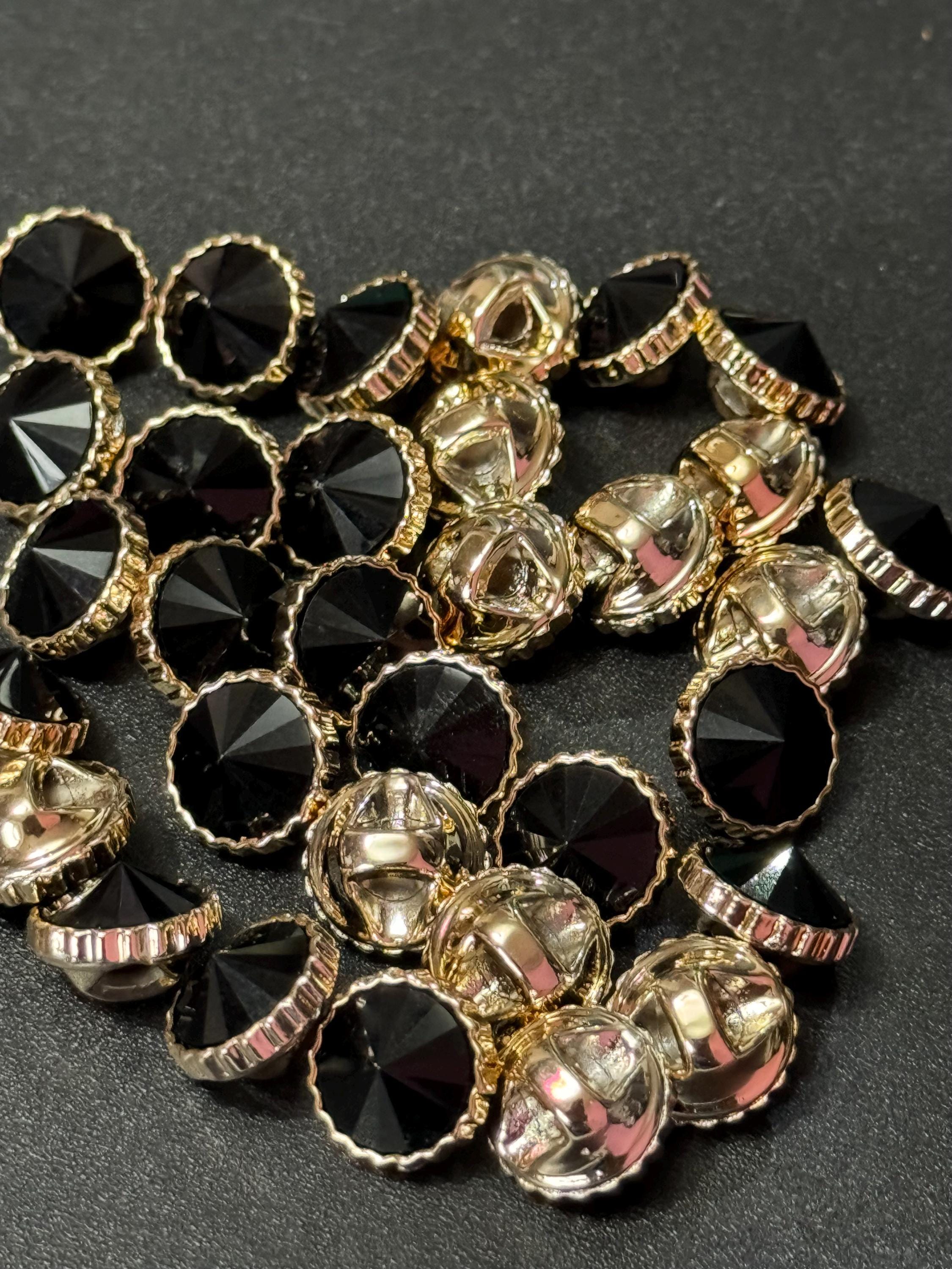Black Rivoli Diamond Buttons: Acrylic Crystal with Gold Casings (12mm, Pack of 10)