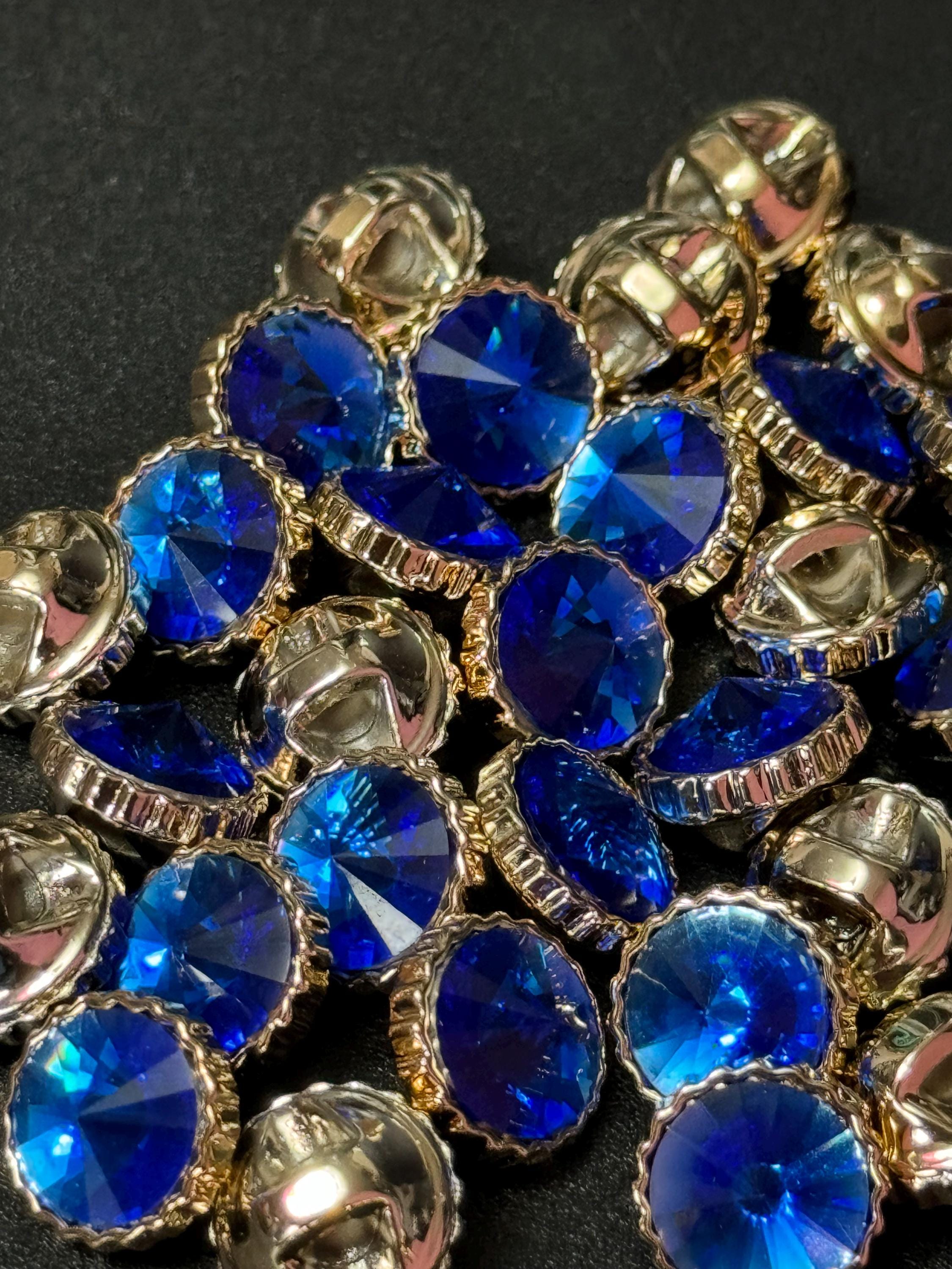 Pack of 10 - 12mm Sapphire Blue Rivoli Diamond Acrylic Crystal Buttons with Gold Tone Casings