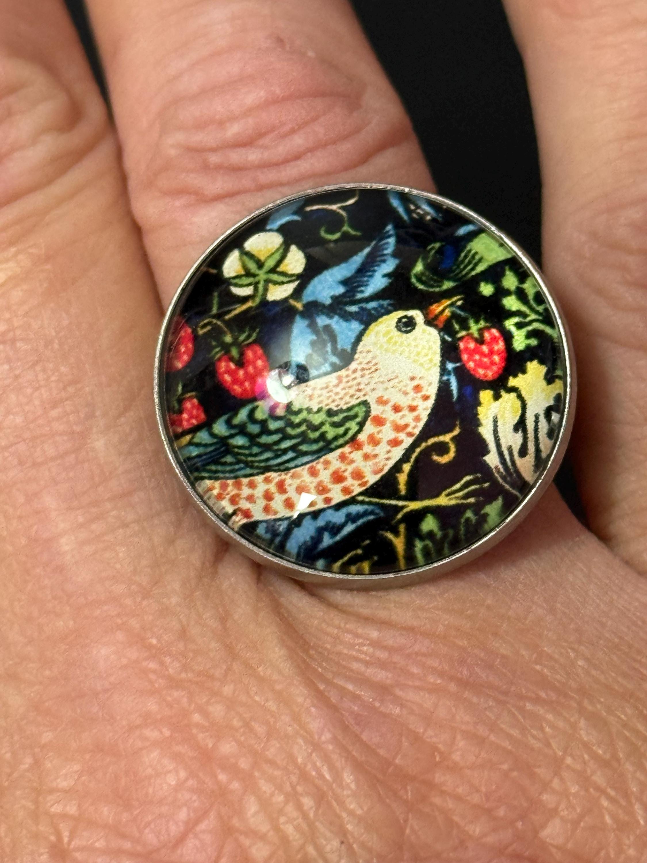 Oversized Strawberry thief William morris print ring stainless steel glass cabochon adjustable