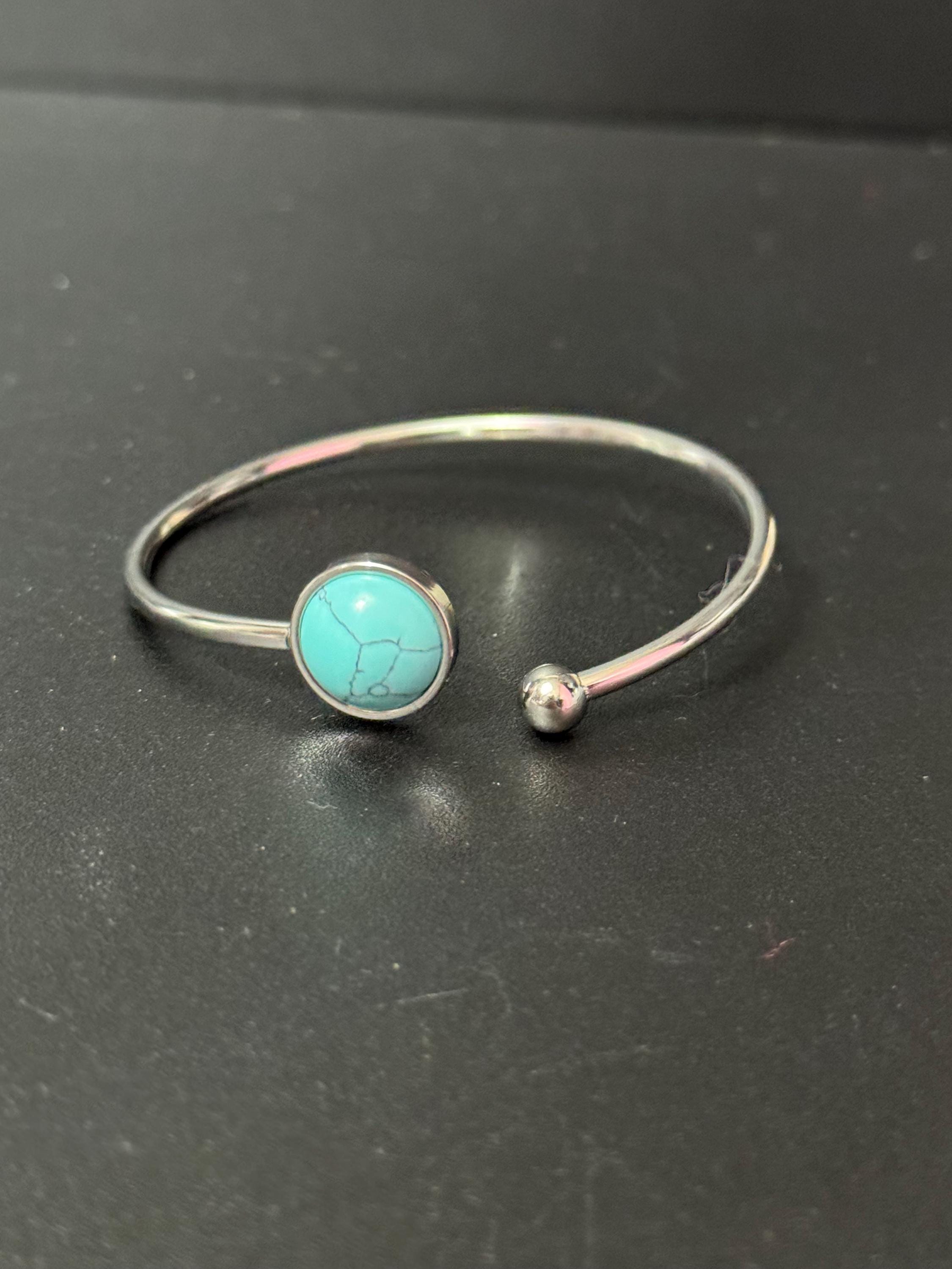 turquoise gemstone stainless steel 12mm cabochon bangle bracelet