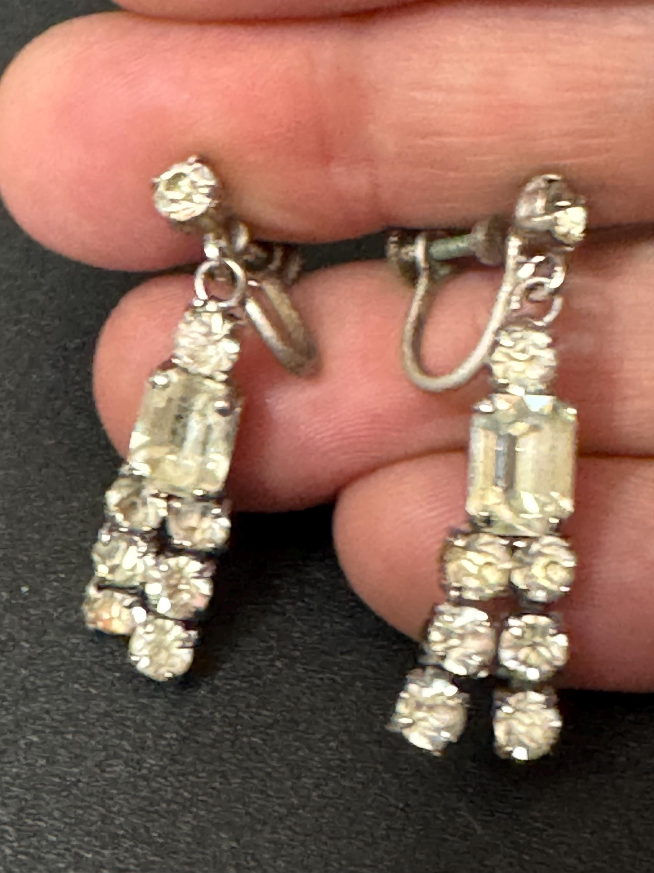 Vintage clear Diamanté Paste long Clip On Drop Earrings screw back 3.5cm