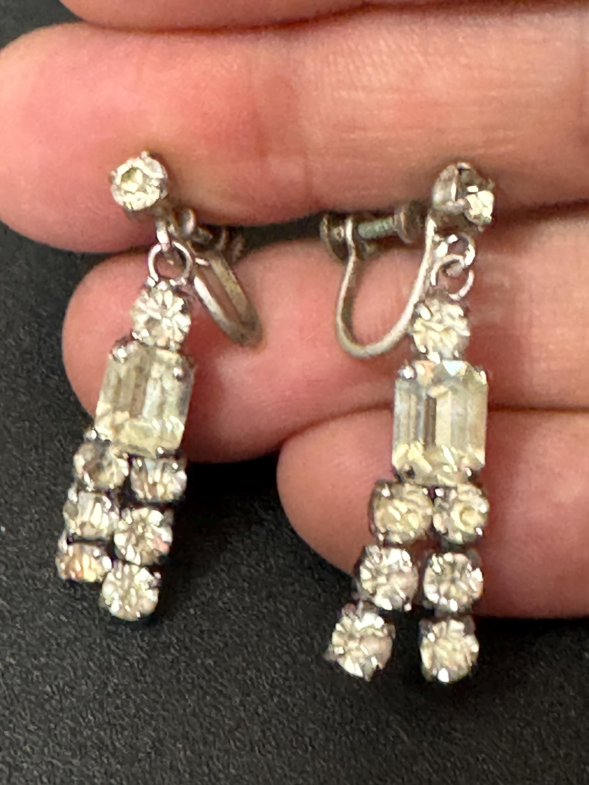 Vintage clear Diamanté Paste long Clip On Drop Earrings screw back