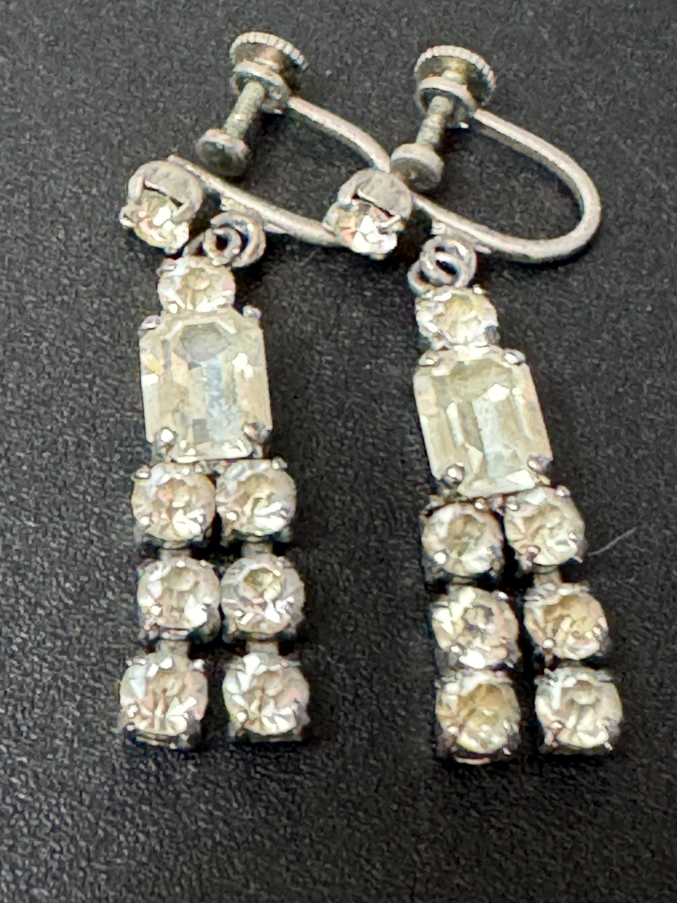 Vintage clear Diamanté Paste long Clip On Drop Earrings screw back