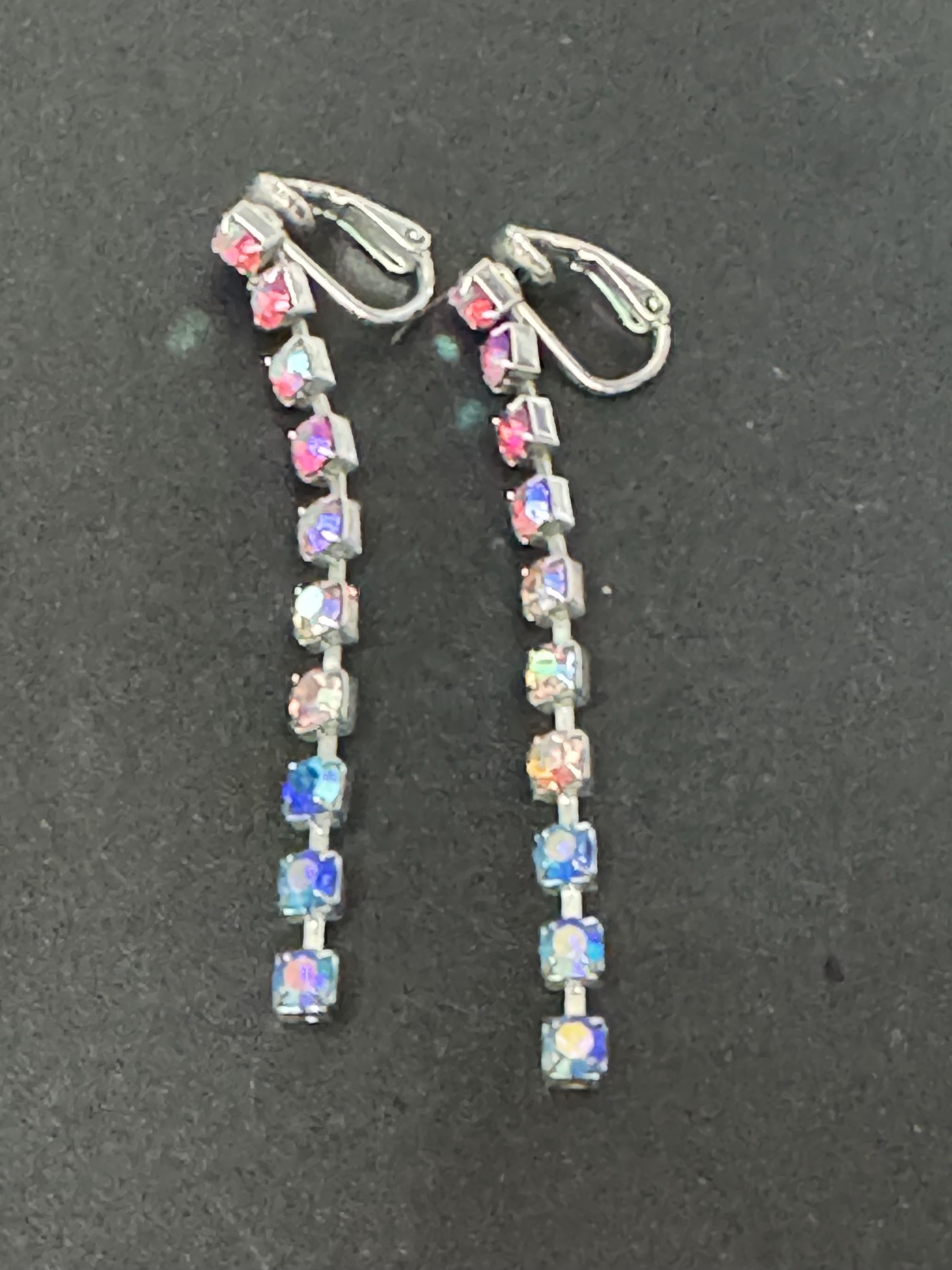 Vintage aurora borealis AB rainbow Diamanté Paste long Clip On Drop Earrings