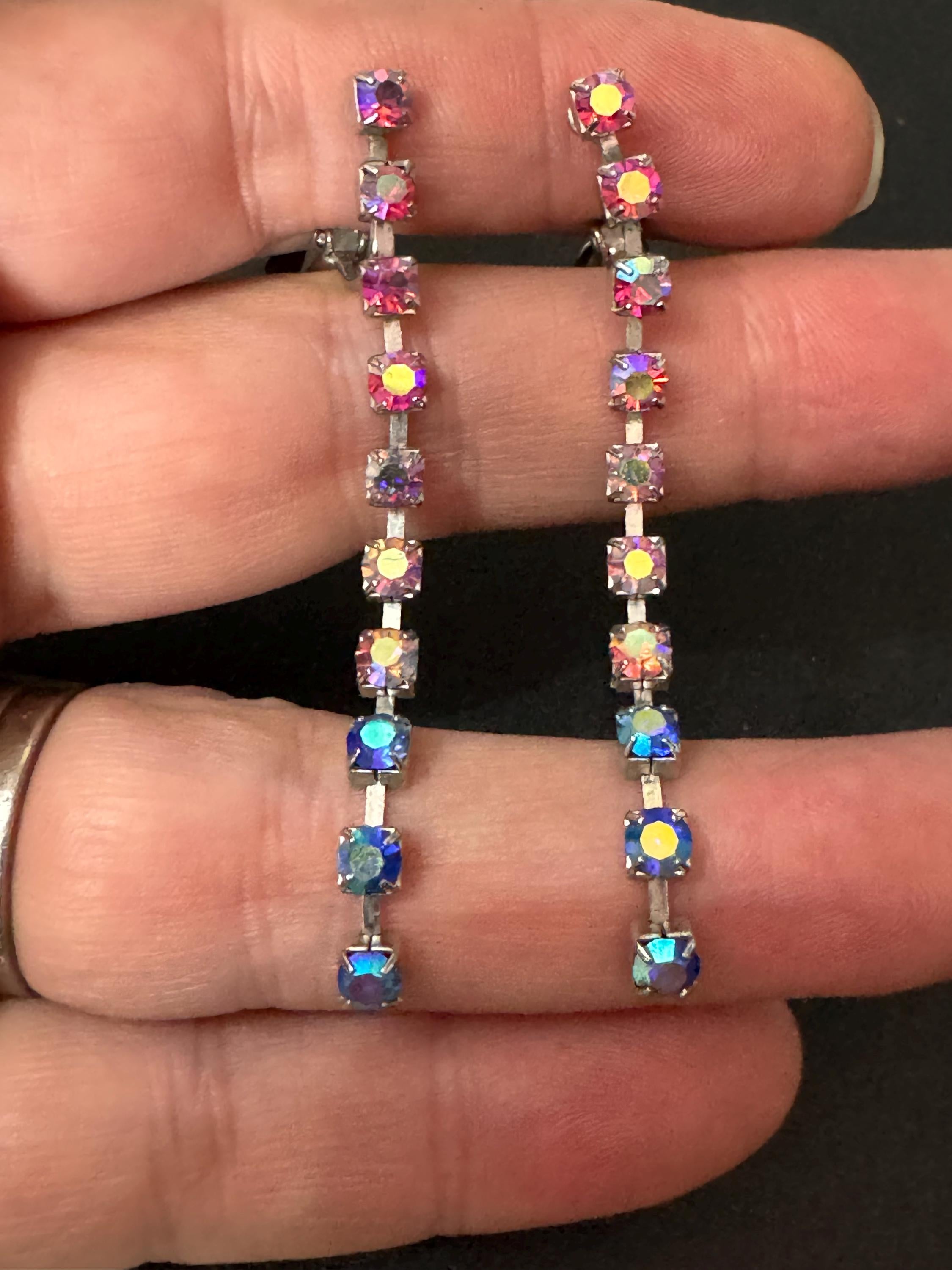 Vintage aurora borealis AB rainbow Diamanté Paste long Clip On Drop Earrings