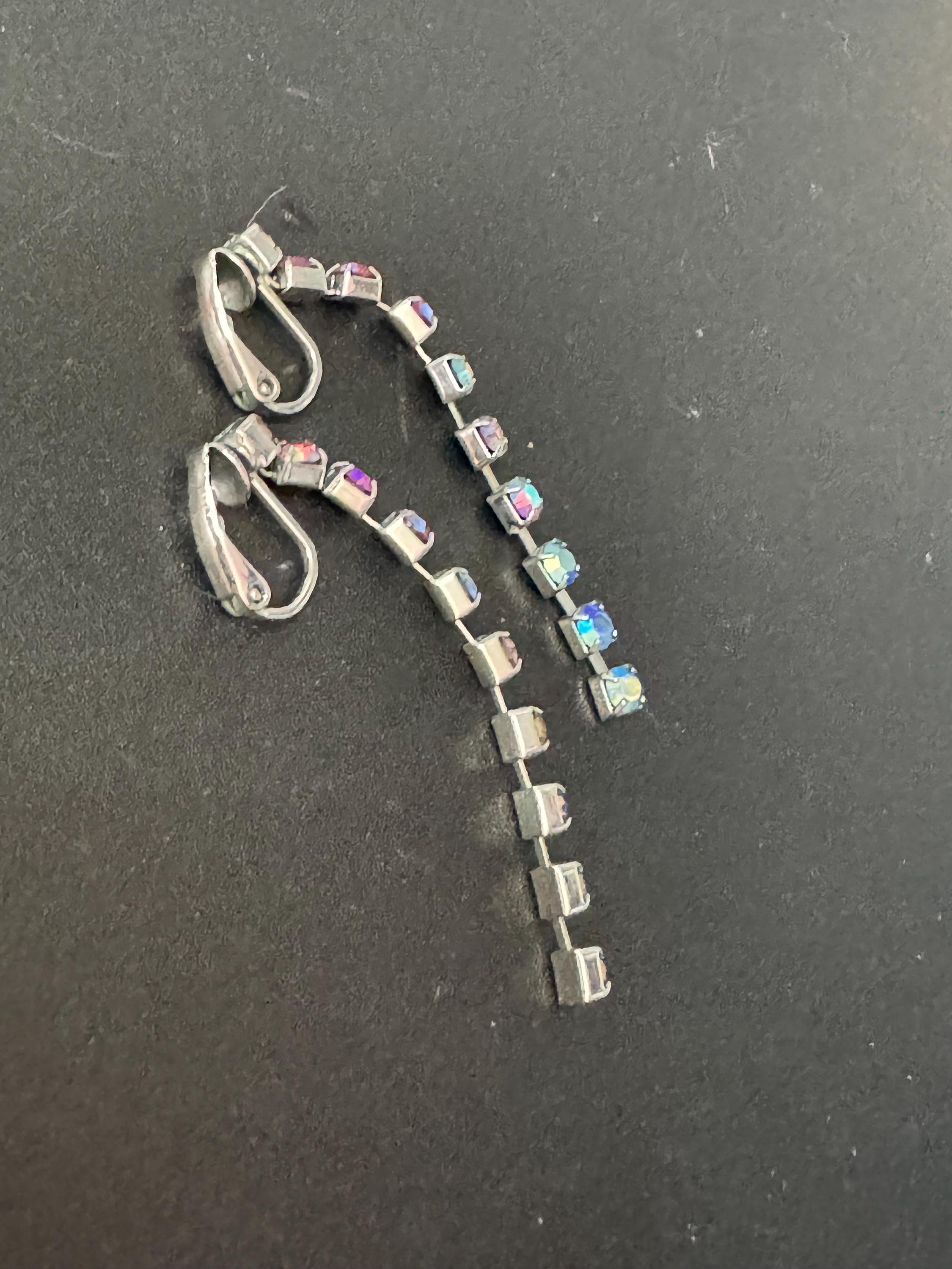 Vintage aurora borealis AB rainbow Diamanté Paste long Clip On Drop Earrings