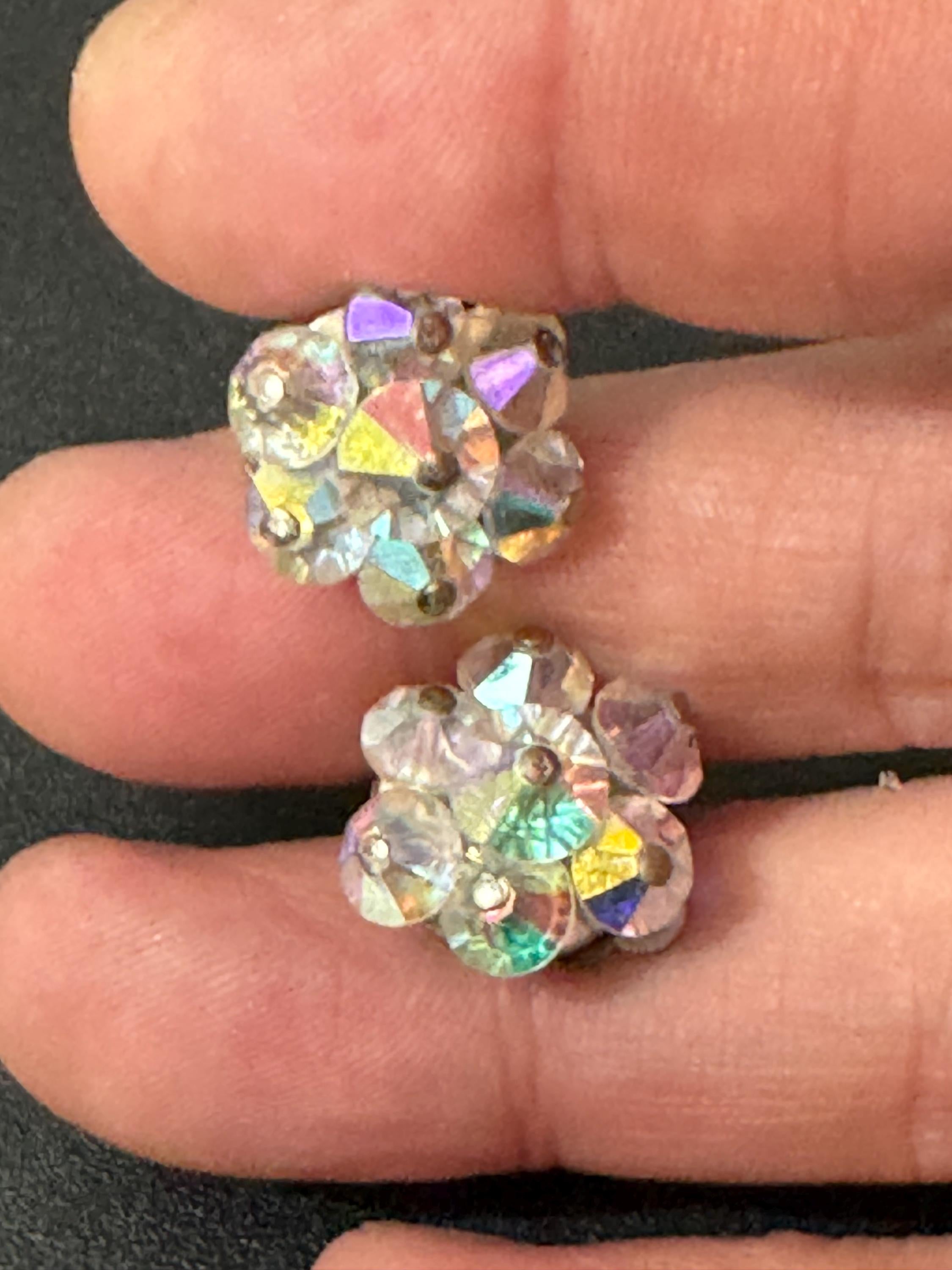 Small Vintage clear rainbow AB lustre glass beaded Cluster Clip On Earrings