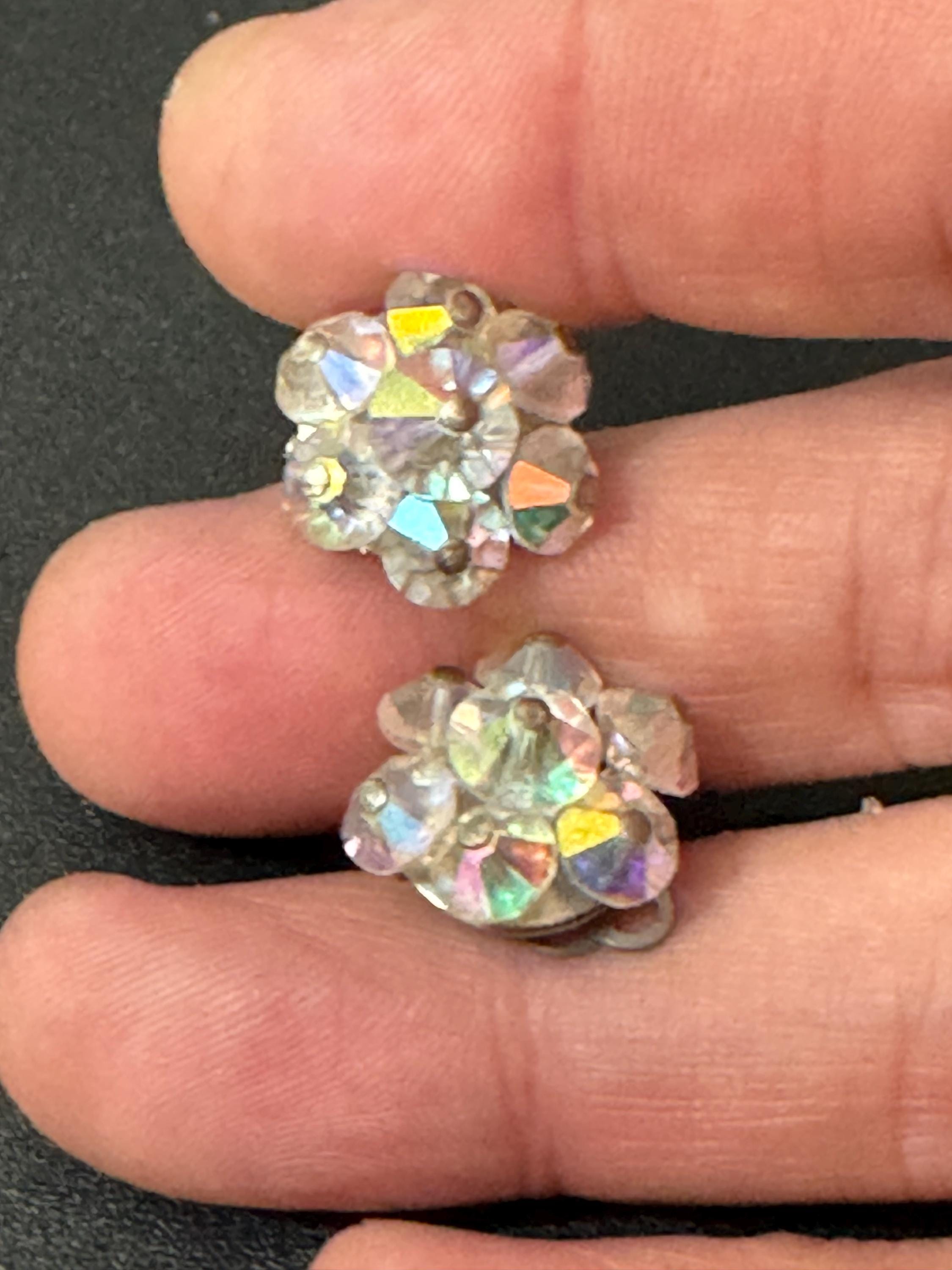 Small Vintage clear rainbow AB lustre glass beaded Cluster Clip On Earrings