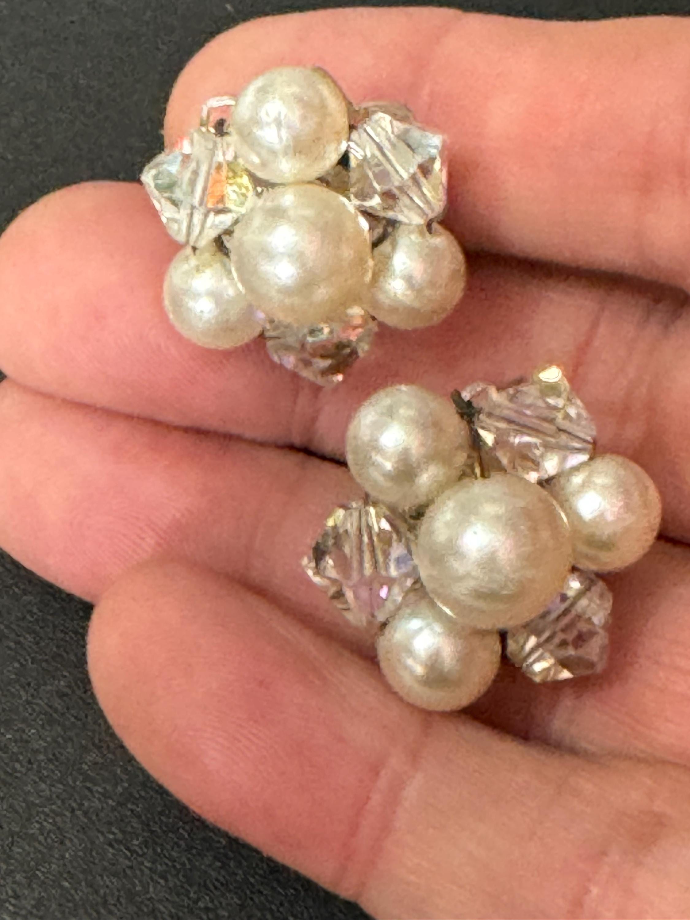 Small Vintage 1950s rainbow AB glass faux Pearl beaded Cluster Clip On Earrings