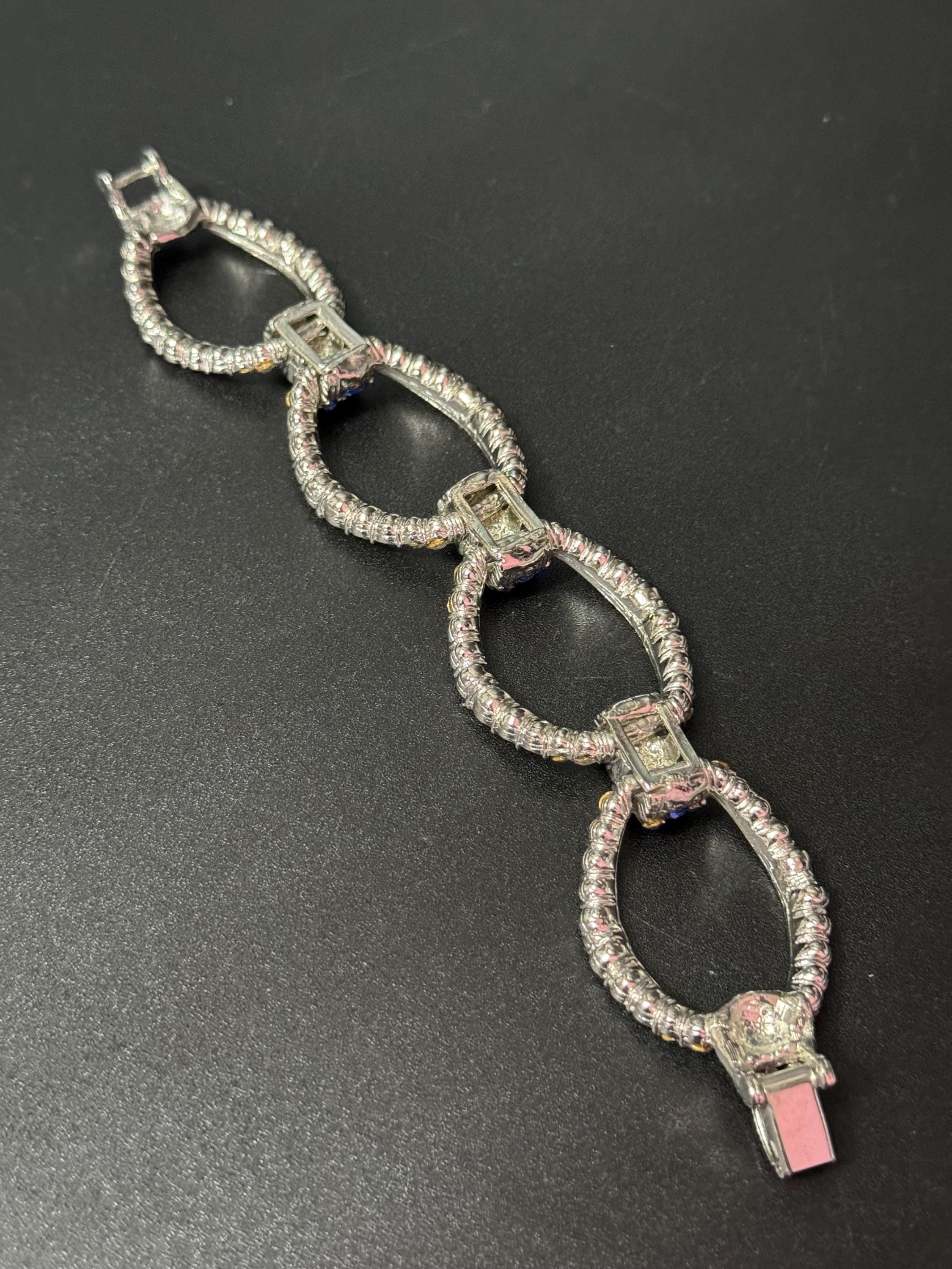 vintage 1980s wide blue and clear Diamanté silver tone crystal set cocktail Bracelet 18.5 x 3cm