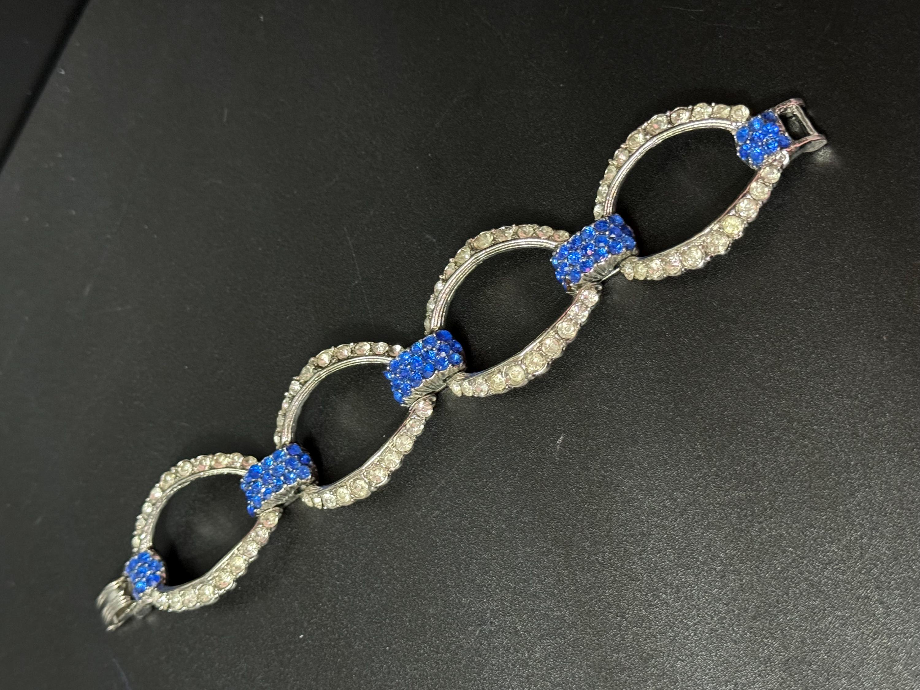 vintage 1980s wide blue and clear Diamanté silver tone crystal set cocktail Bracelet 18.5 x 3cm