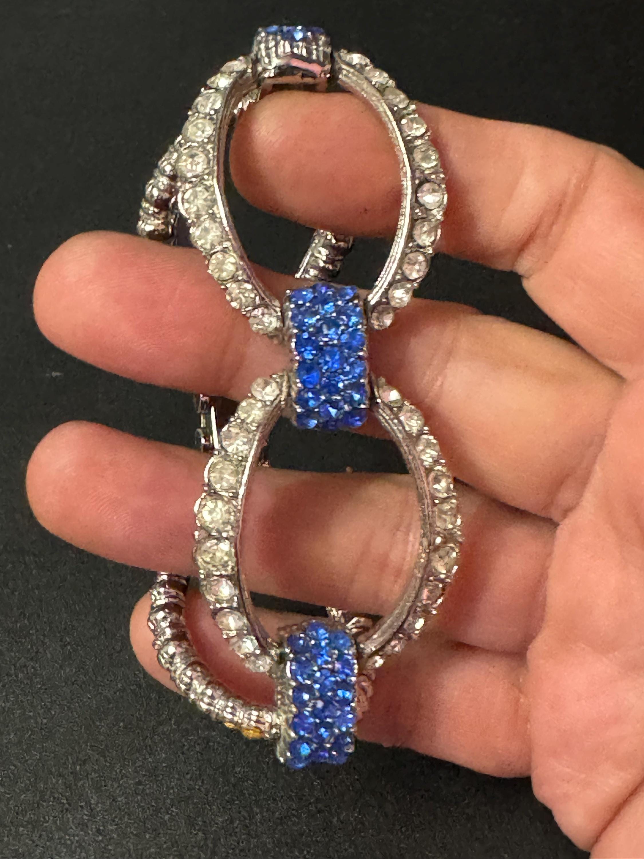 vintage 1980s wide blue and clear Diamanté silver tone crystal set cocktail Bracelet 18.5 x 3cm