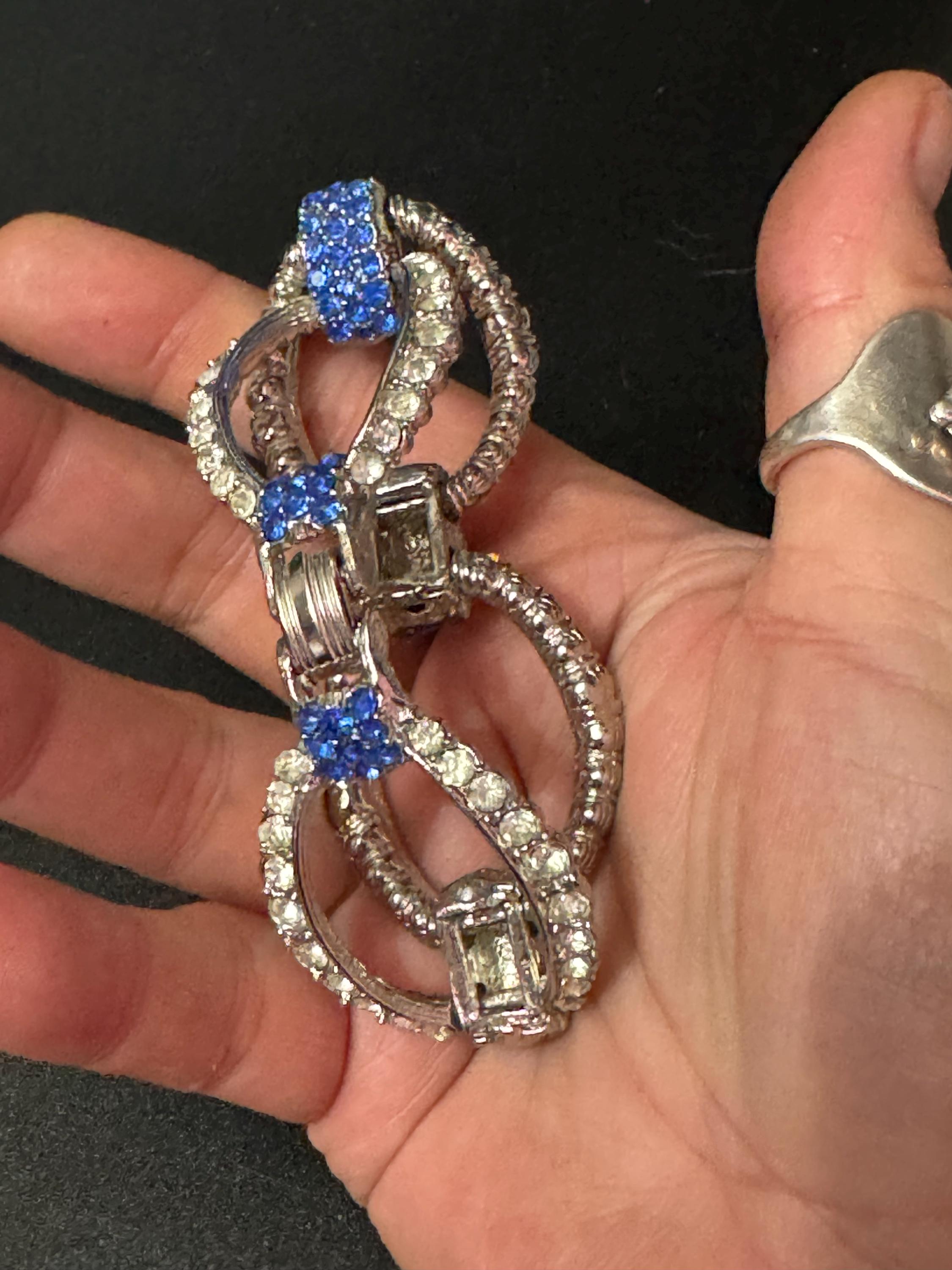 vintage 1980s wide blue and clear Diamanté silver tone crystal set cocktail Bracelet 18.5 x 3cm