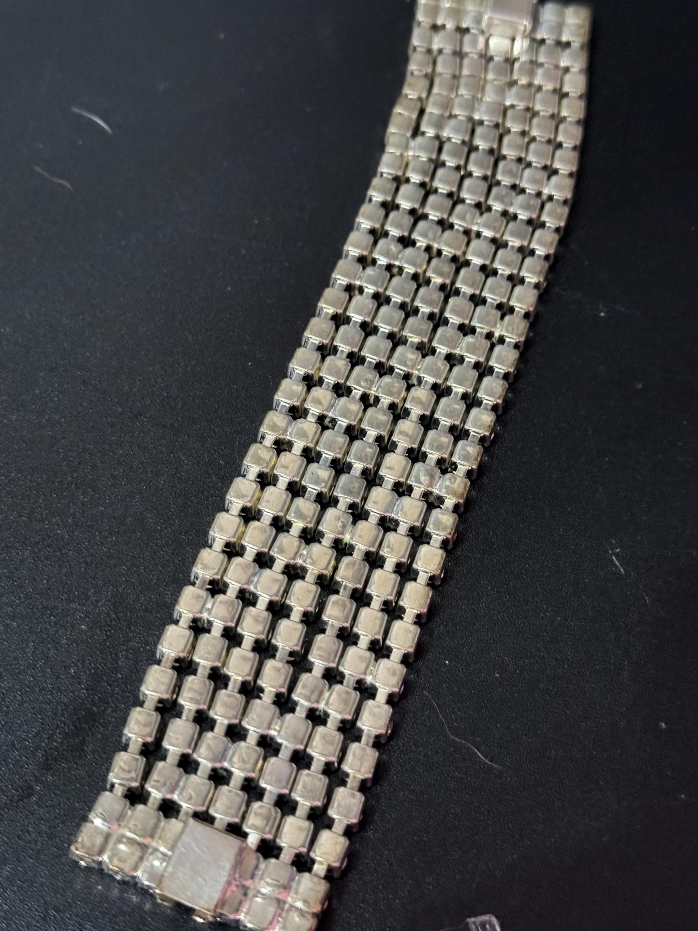 Retro wide clear Diamanté silver tone wide crystal set cocktail Bracelet