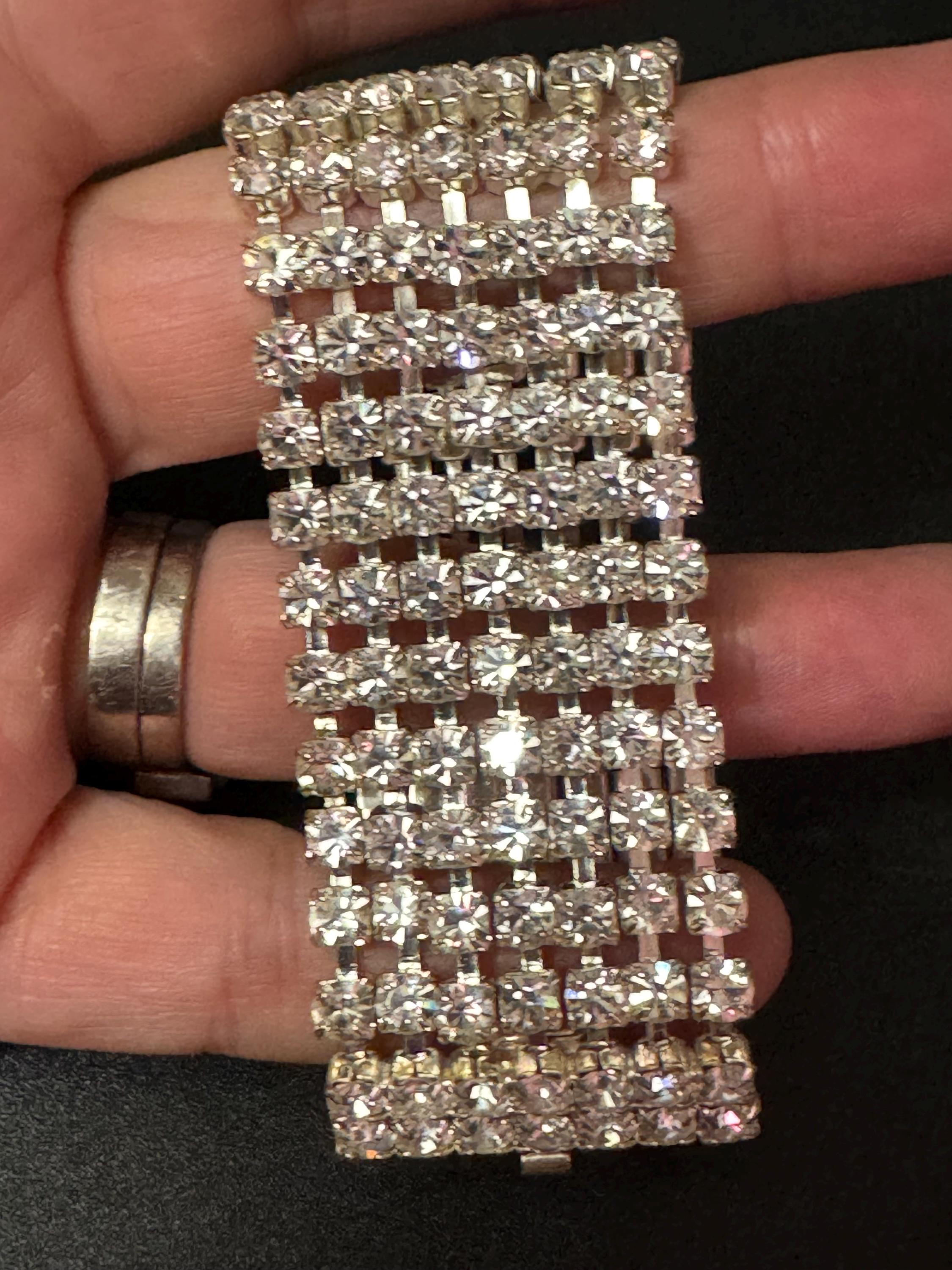 Retro wide clear Diamanté silver tone wide crystal set cocktail Bracelet