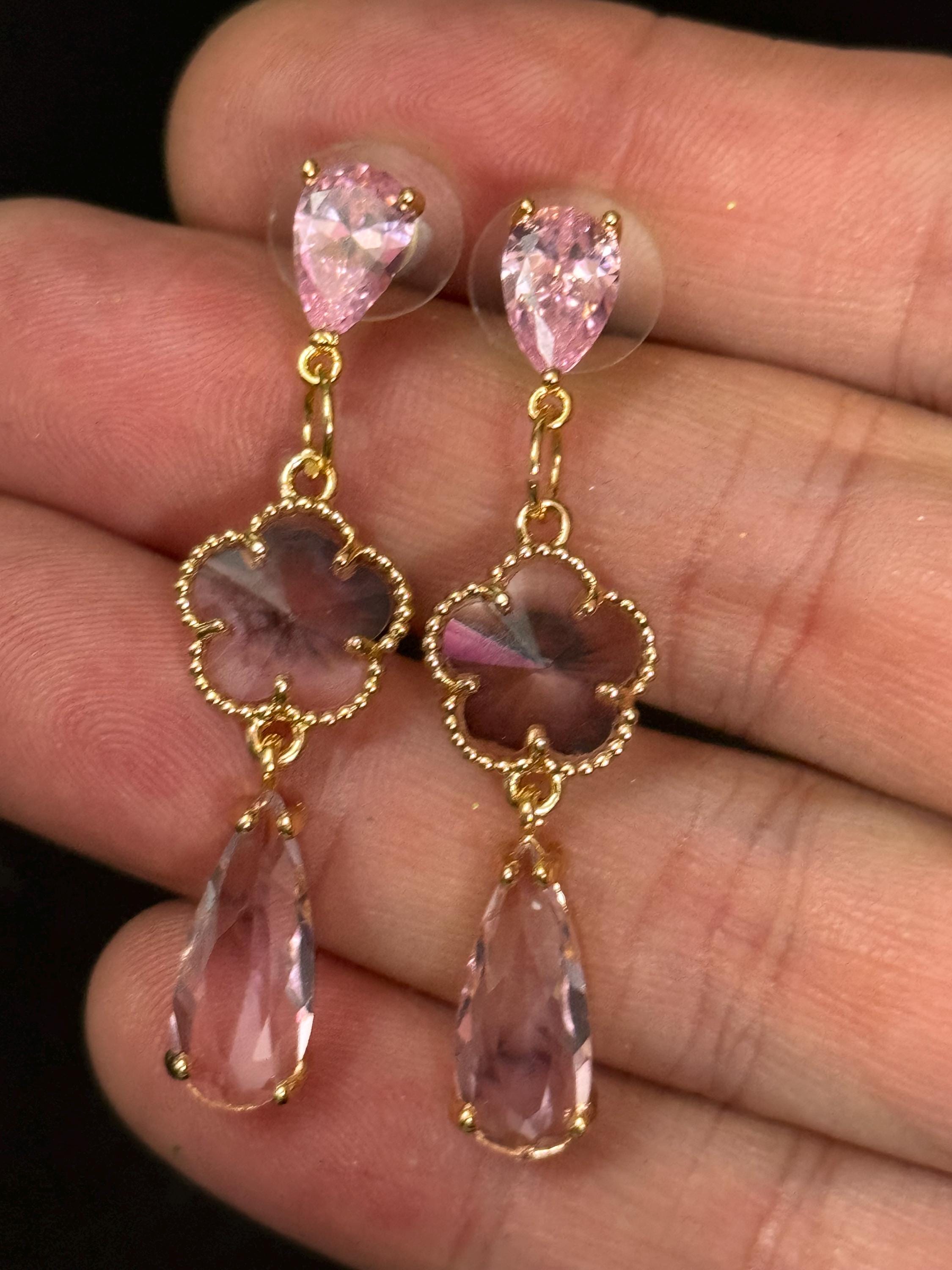 18k Gold plated pink crystal glass clear teardrop long drop clover earrings
