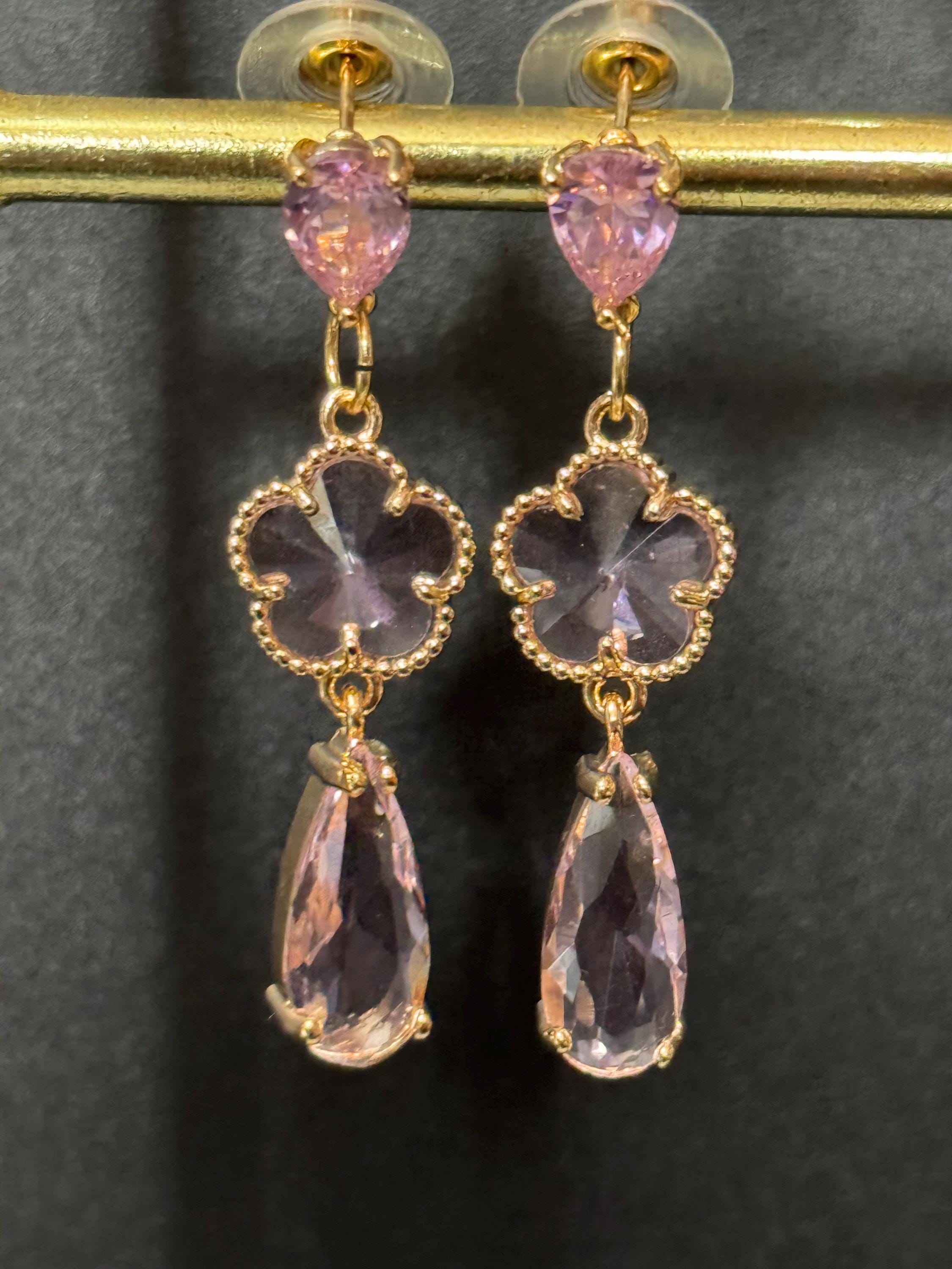18k Gold plated pink crystal glass clear teardrop long drop clover earrings