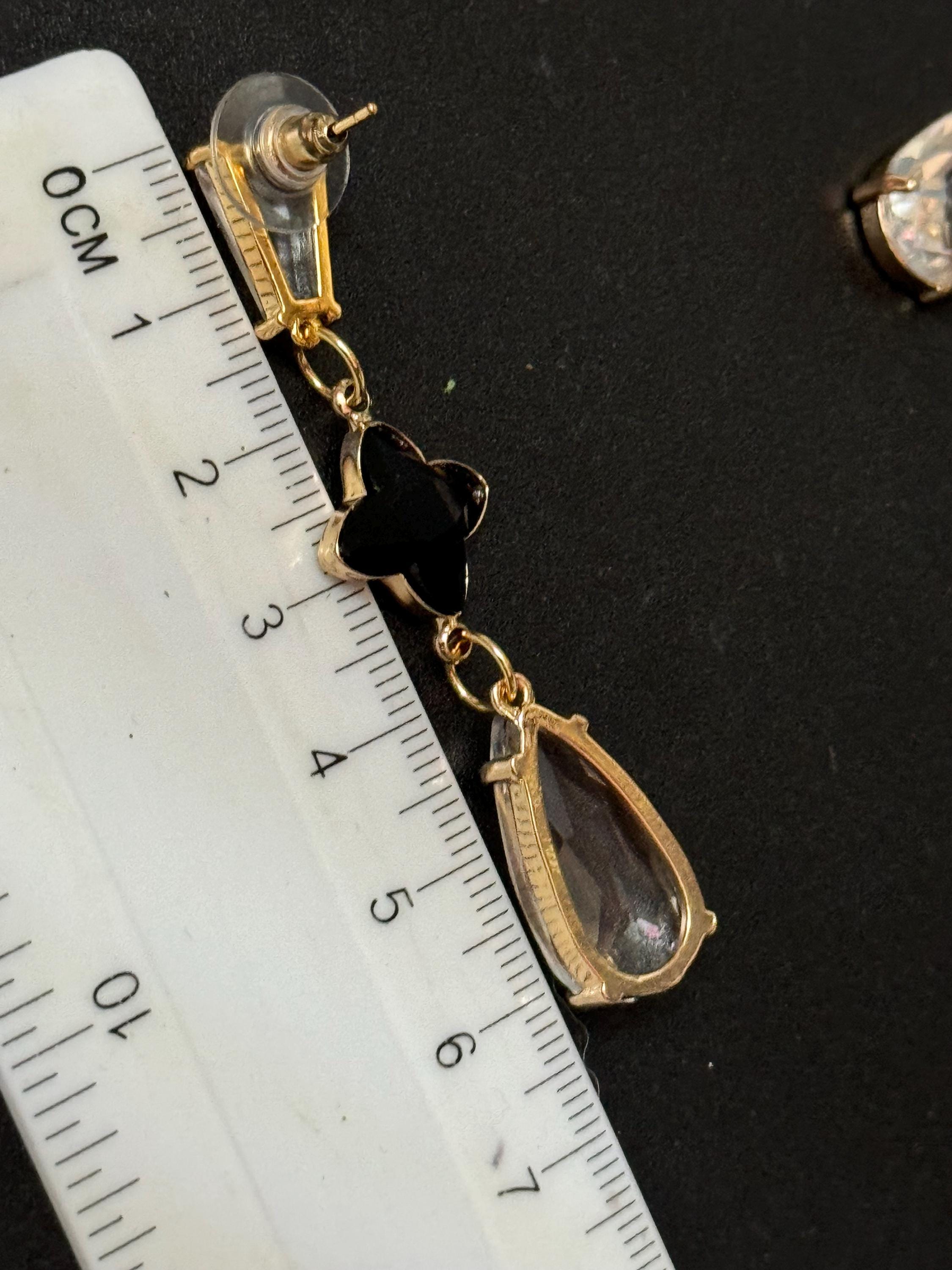 18k Gold plated clear and black crystal clover teardrop earrings