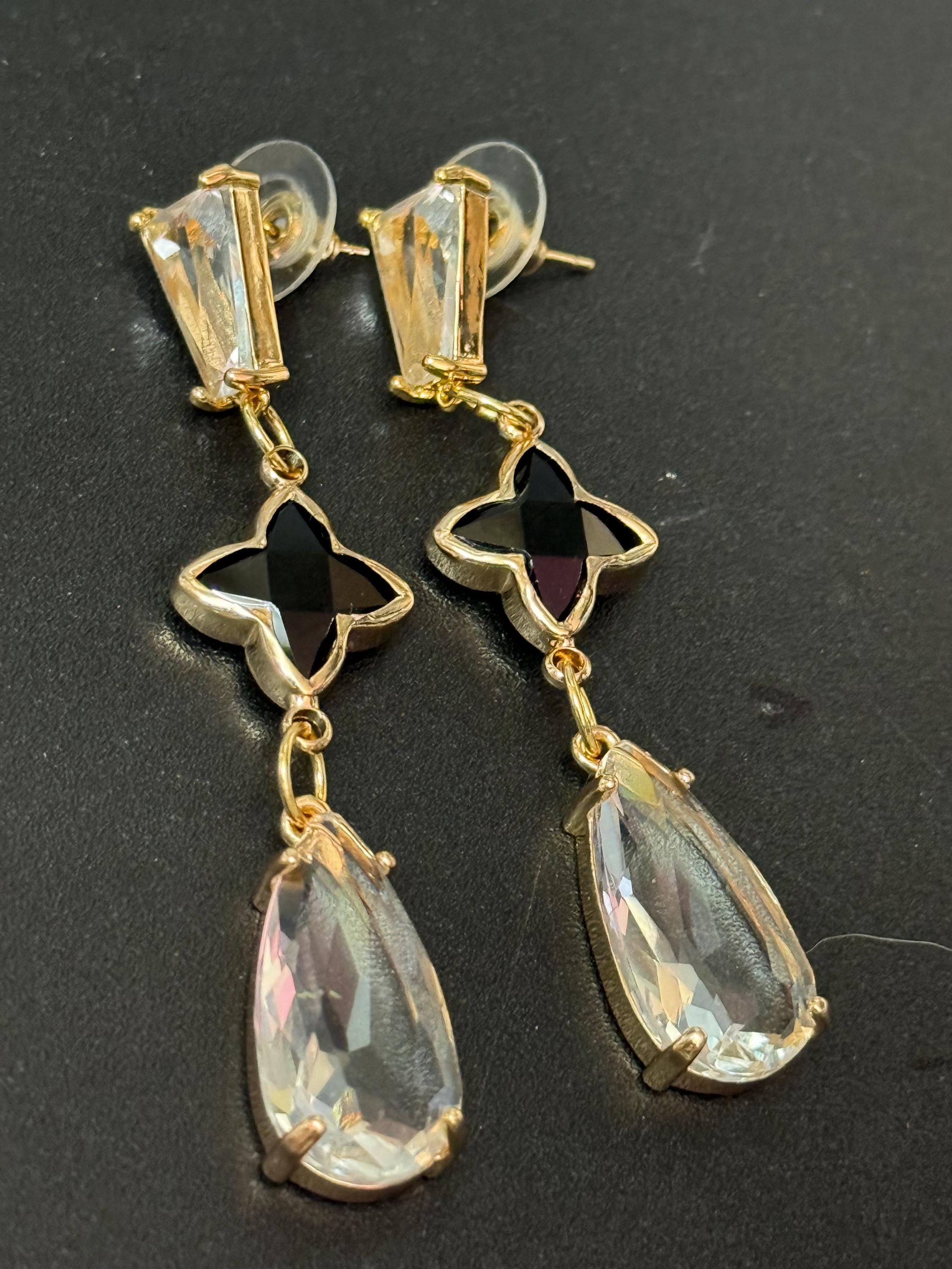 18k Gold plated clear and black crystal clover teardrop earrings