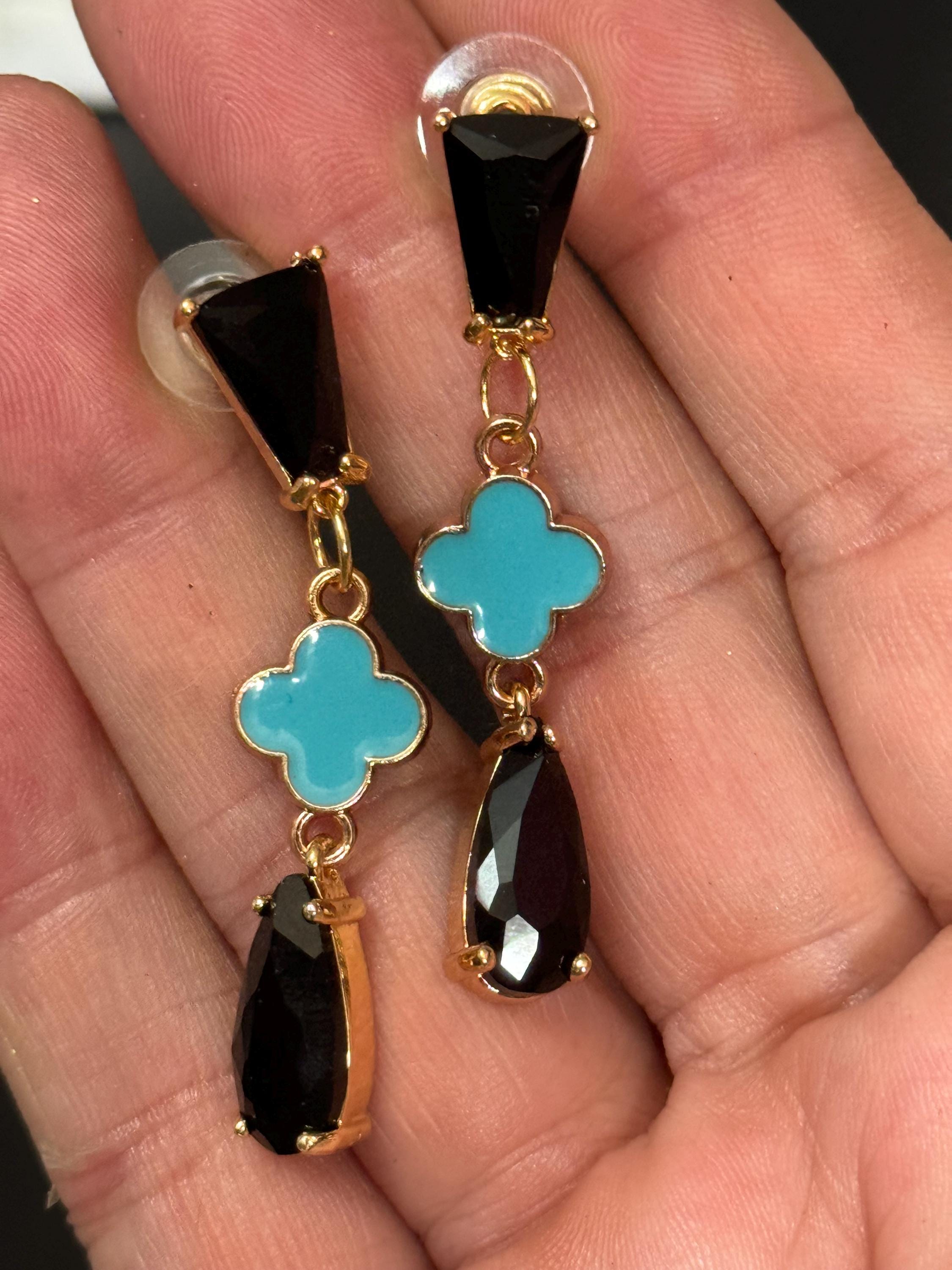 18k Gold plated black glass crystal turquoise clover teardrop earrings